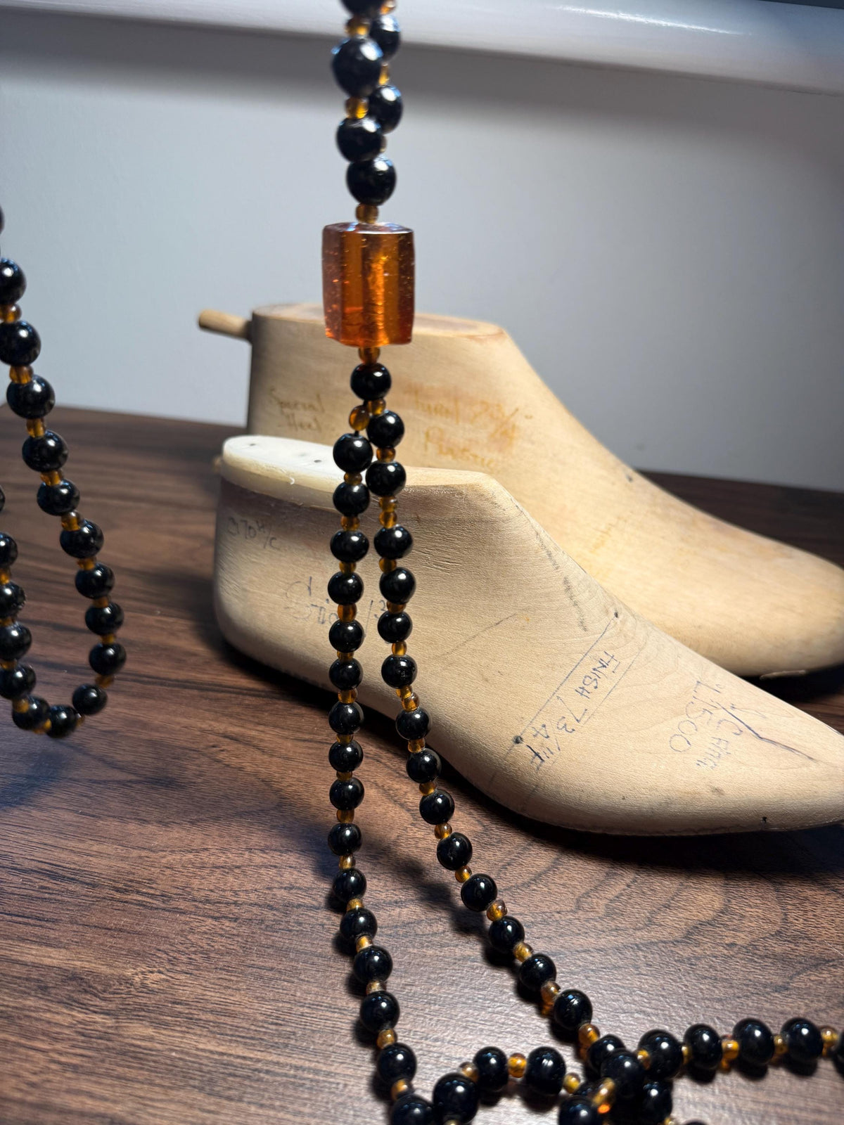 Vintage Long Black Glass Bead Necklace with Amber-Coloured Beads | Statement Costume Jewellery