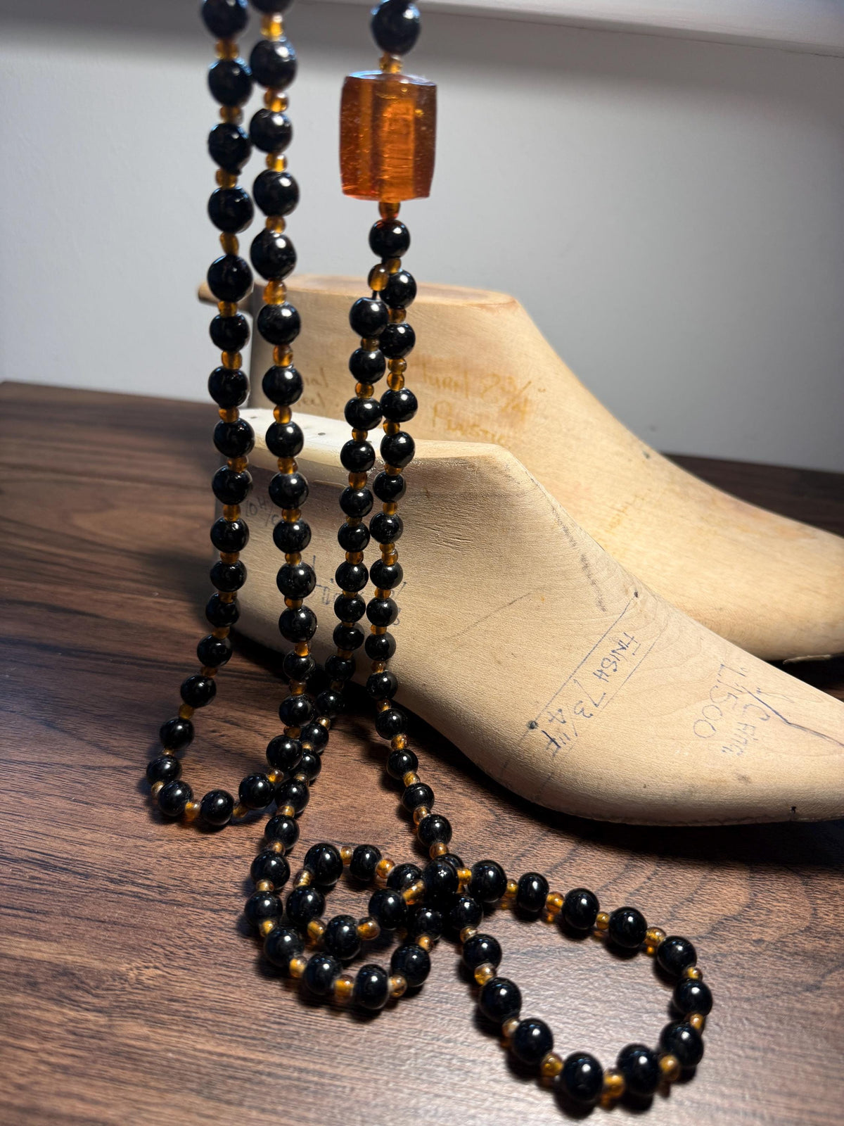 Vintage Long Black Glass Bead Necklace with Amber-Coloured Beads | Statement Costume Jewellery