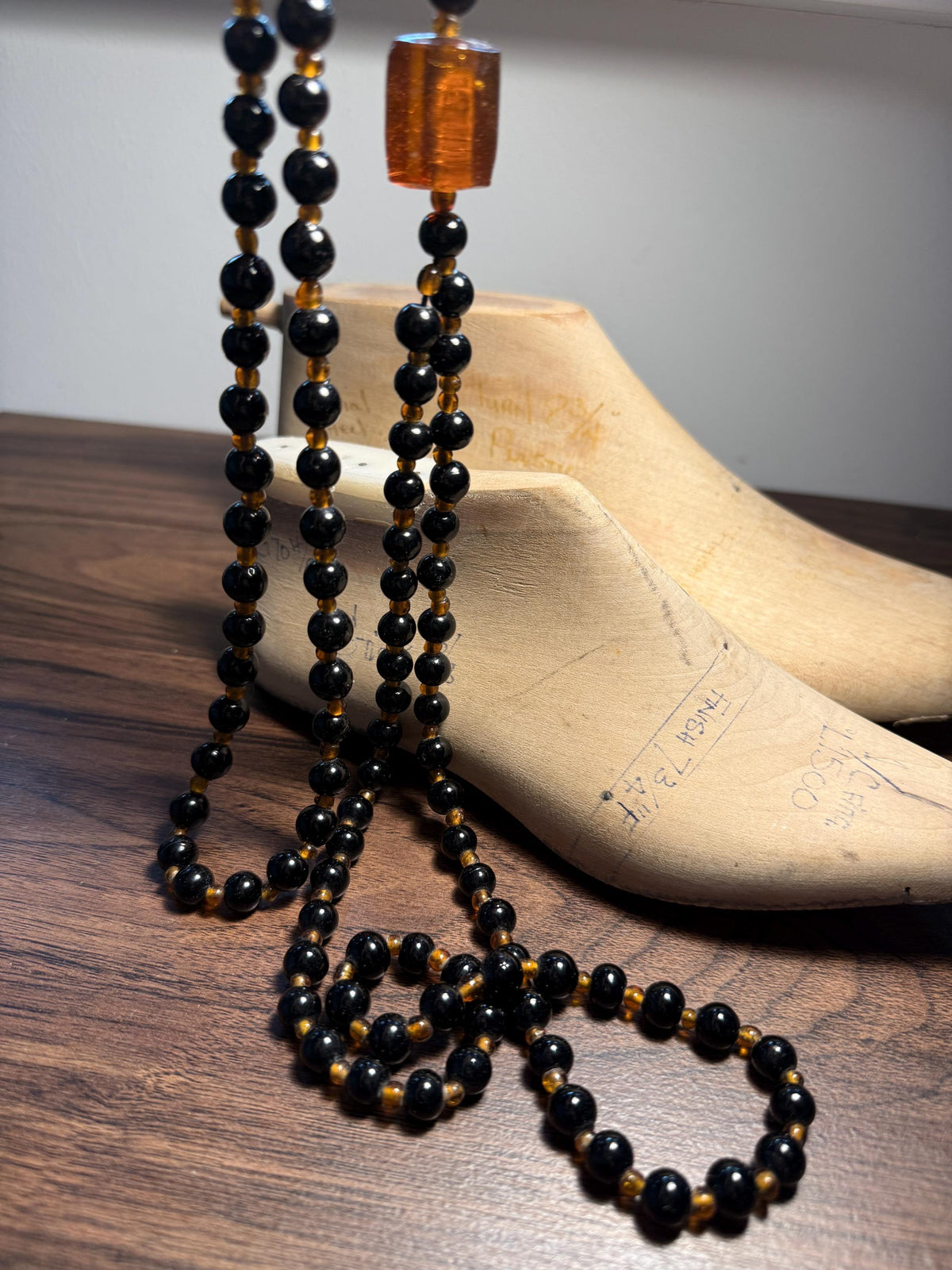 Vintage Long Black Glass Bead Necklace with Amber-Coloured Beads | Statement Costume Jewellery