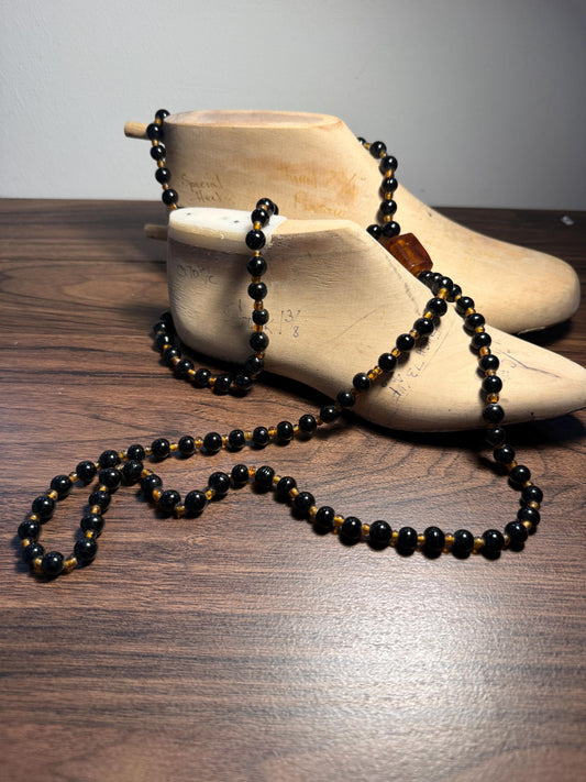 Vintage Long Black Glass Bead Necklace with Amber-Coloured Beads | Statement Costume Jewellery