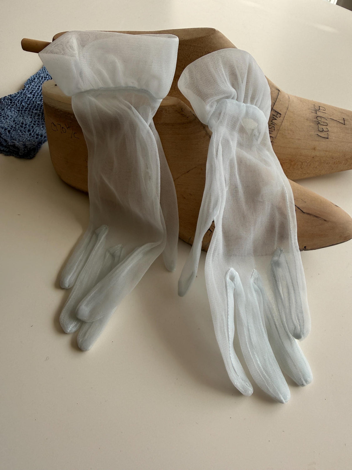 Vintage Ice Blue Sheer Gloves – Gathered Frill Cuffs, Plain Mesh, Bridal Occasion Accessories