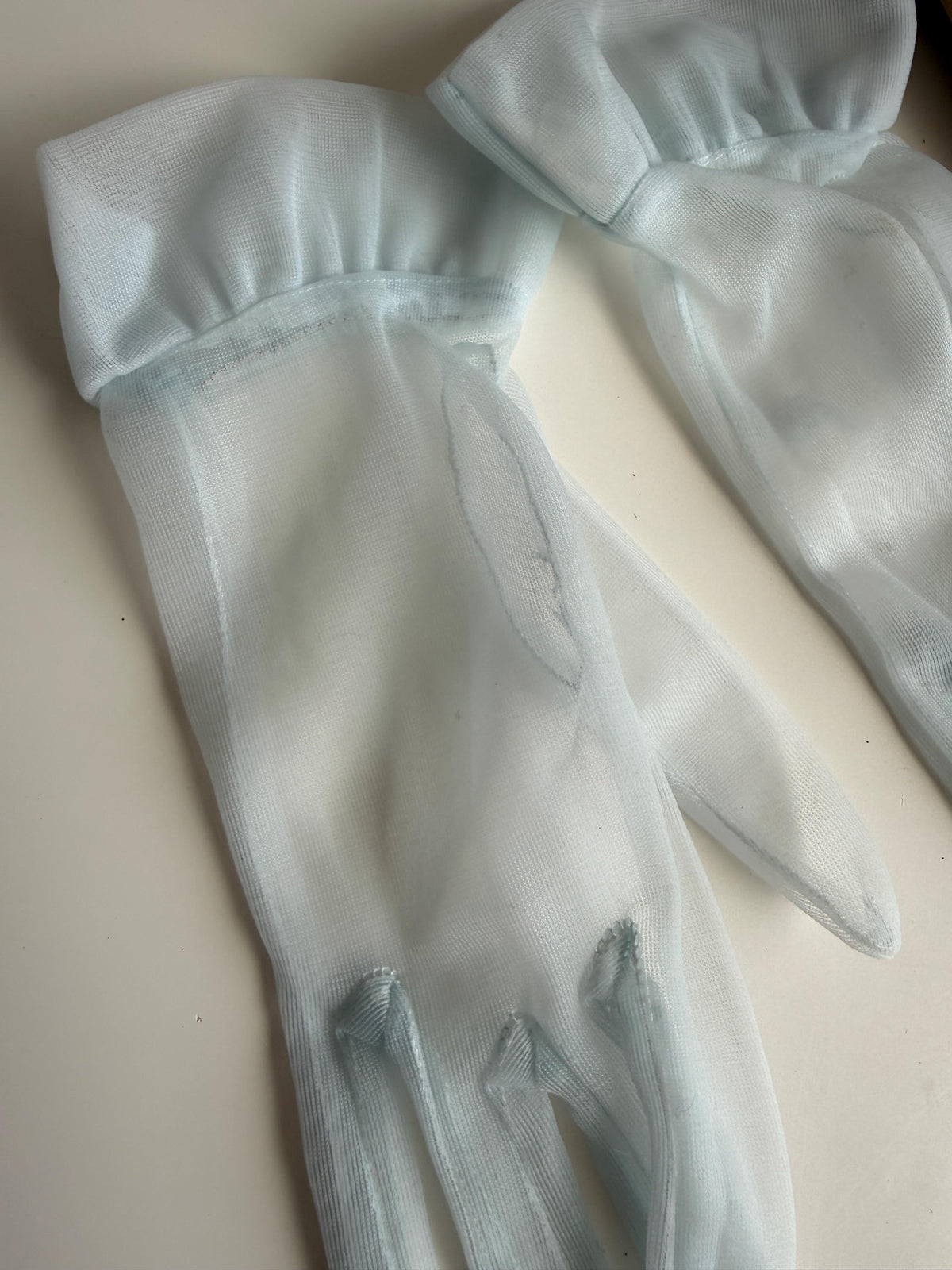 Vintage Ice Blue Sheer Gloves – Gathered Frill Cuffs, Plain Mesh, Bridal Occasion Accessories