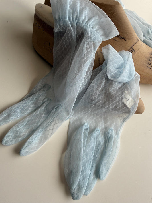 Vintage Pale Blue Nylon Gloves, Size 7 – Sheer Diamond Pattern, Frilled Cuffs, Bridal Accessories