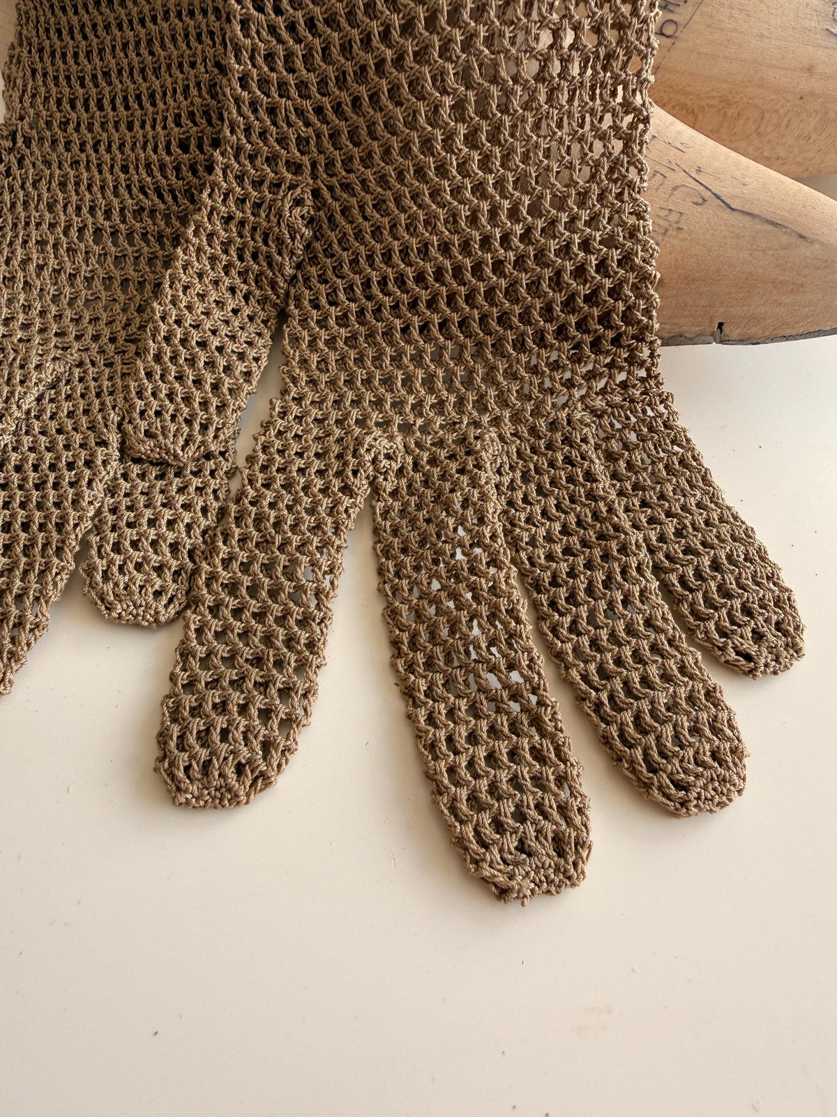 Vintage Taupe Crochet Gloves Openwork Lace, Floral Patterned Cuffs, Scalloped Edges