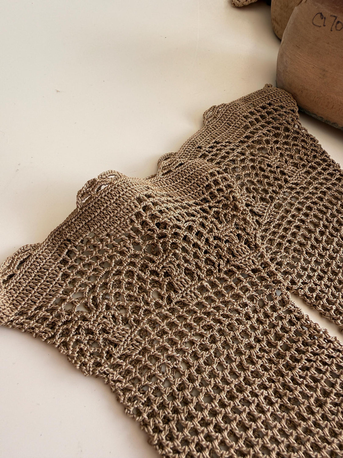 Vintage Taupe Crochet Gloves Openwork Lace, Floral Patterned Cuffs, Scalloped Edges