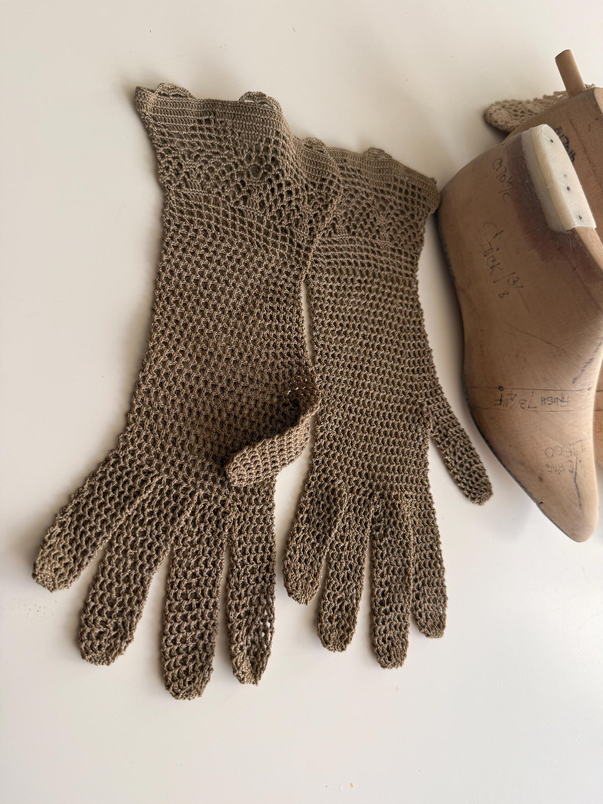 Vintage Taupe Crochet Gloves Openwork Lace, Floral Patterned Cuffs, Scalloped Edges