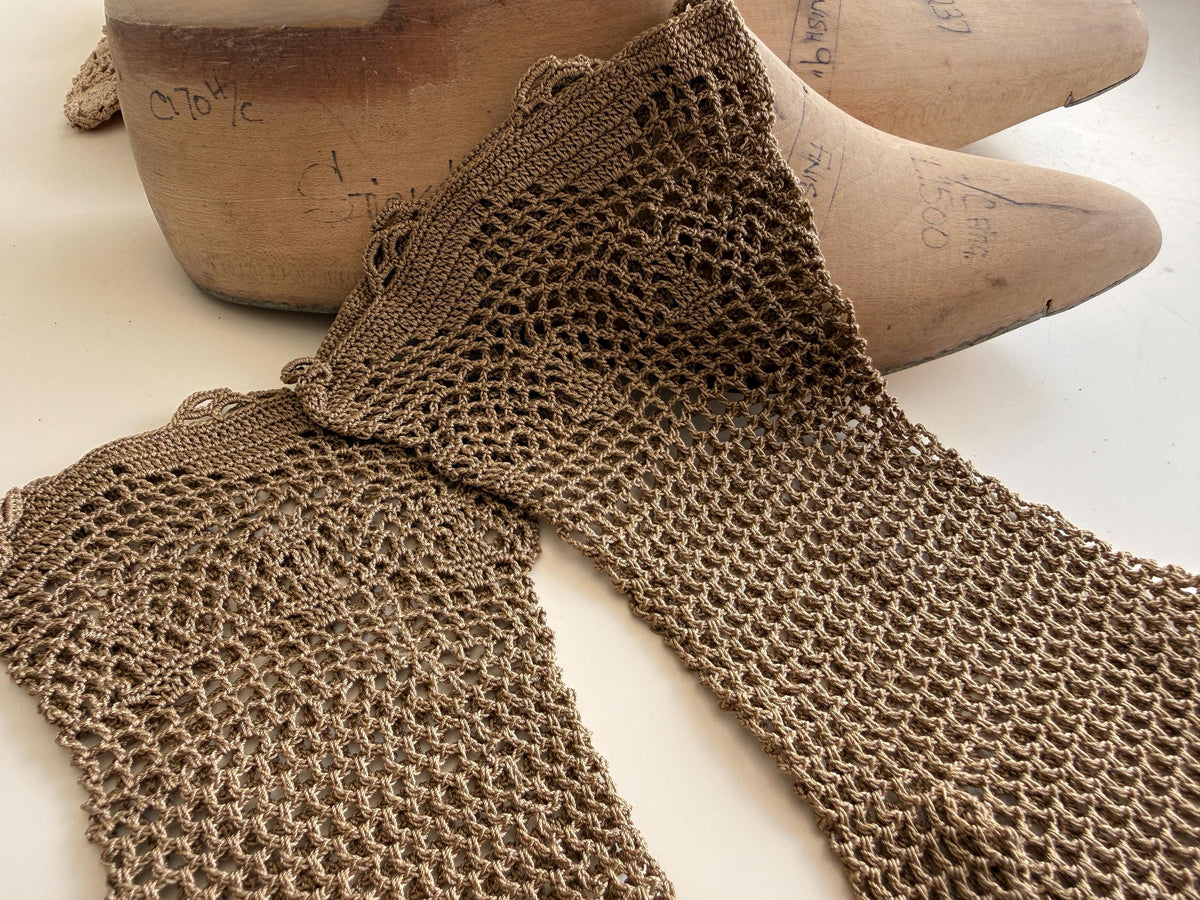 Vintage Taupe Crochet Gloves Openwork Lace, Floral Patterned Cuffs, Scalloped Edges