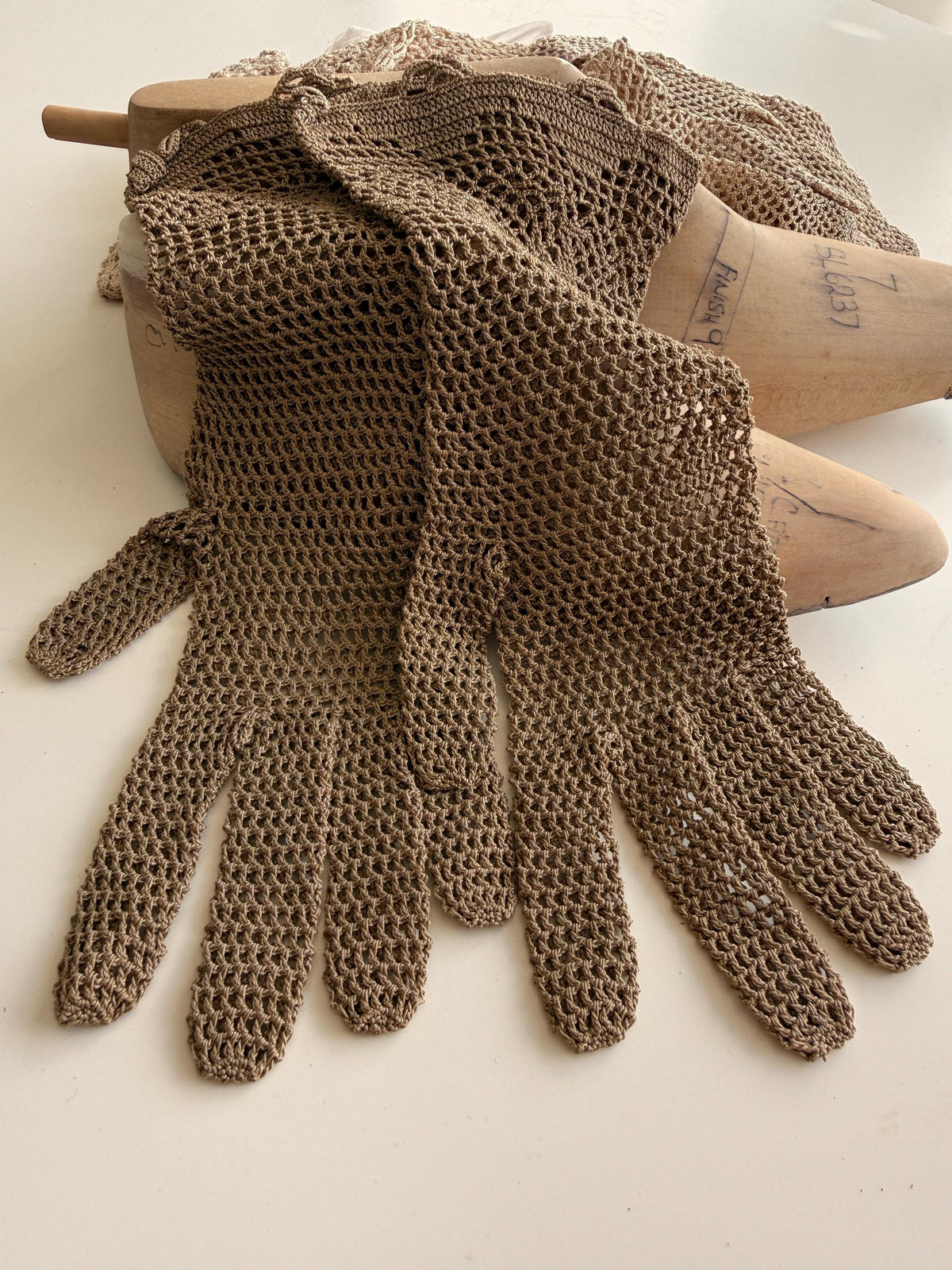 Vintage Taupe Crochet Gloves Openwork Lace, Floral Patterned Cuffs, Scalloped Edges