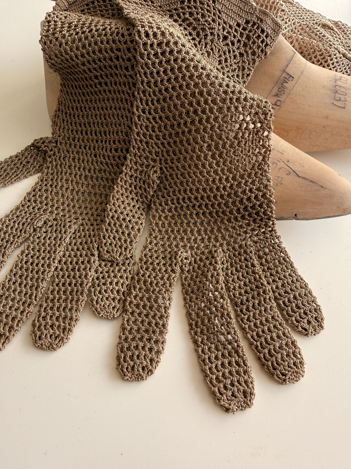 Vintage Taupe Crochet Gloves Openwork Lace, Floral Patterned Cuffs, Scalloped Edges