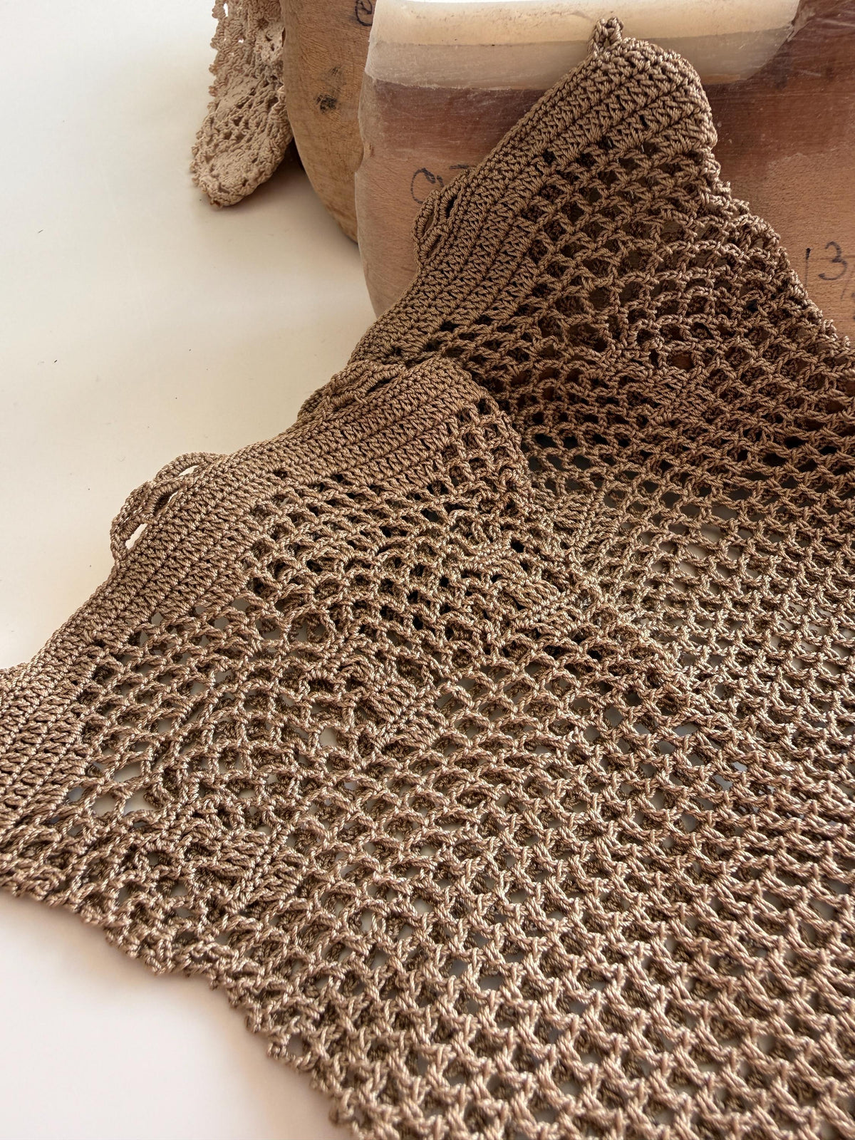Vintage Taupe Crochet Gloves Openwork Lace, Floral Patterned Cuffs, Scalloped Edges