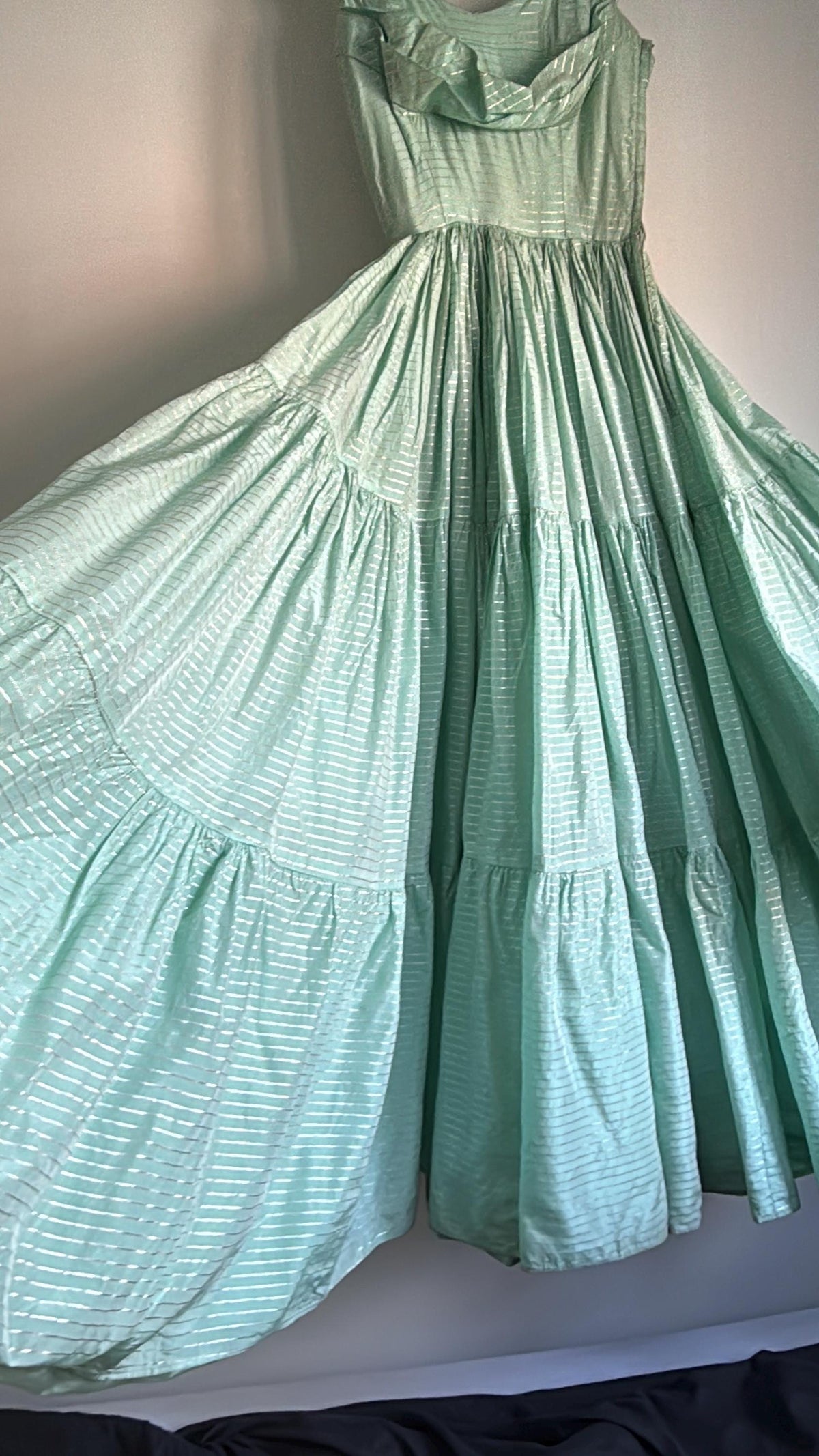 Vintage Robert Dorland for Bourne & Hollingsworth Evening Dress – Peppermint Green, Silver Stripes, Full Tiered Skirt