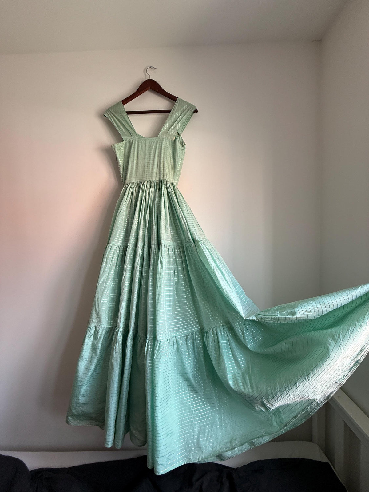 Vintage Robert Dorland for Bourne & Hollingsworth Evening Dress – Peppermint Green, Silver Stripes, Full Tiered Skirt