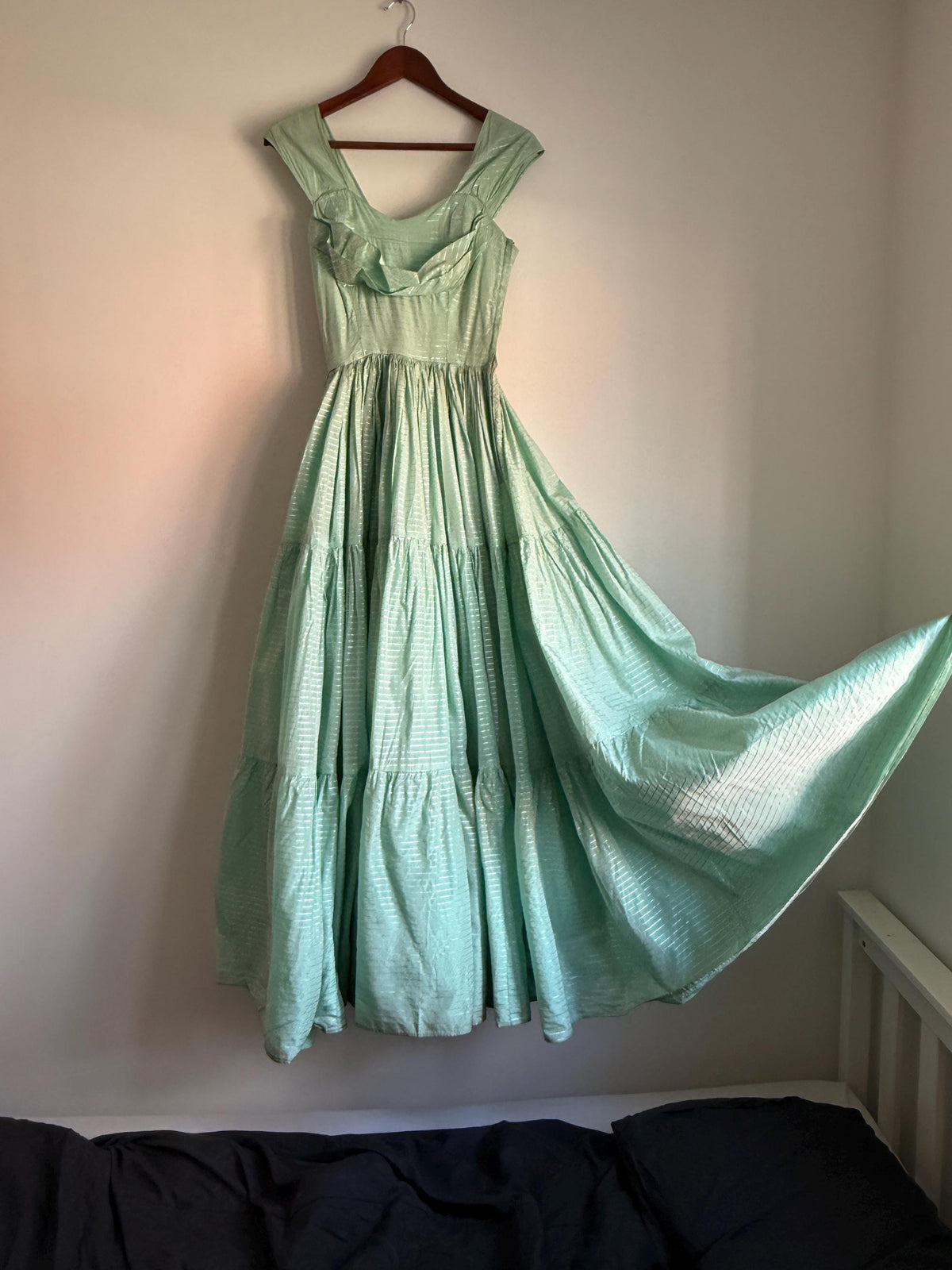 Vintage Robert Dorland for Bourne & Hollingsworth Evening Dress – Peppermint Green, Silver Stripes, Full Tiered Skirt