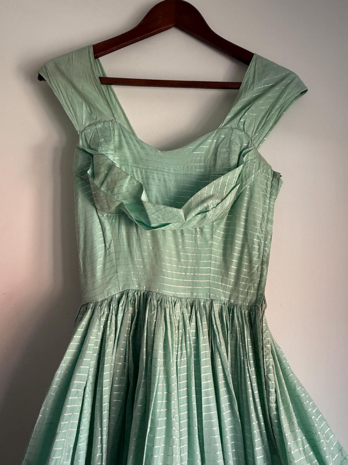 Vintage Robert Dorland for Bourne & Hollingsworth Evening Dress – Peppermint Green, Silver Stripes, Full Tiered Skirt