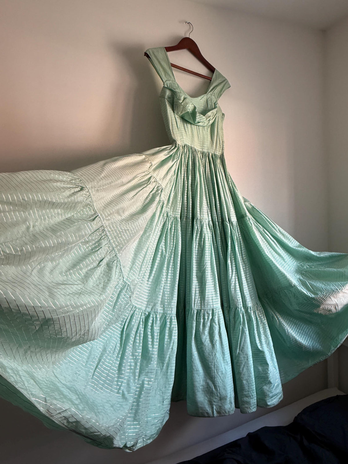 Vintage Robert Dorland for Bourne & Hollingsworth Evening Dress – Peppermint Green, Silver Stripes, Full Tiered Skirt