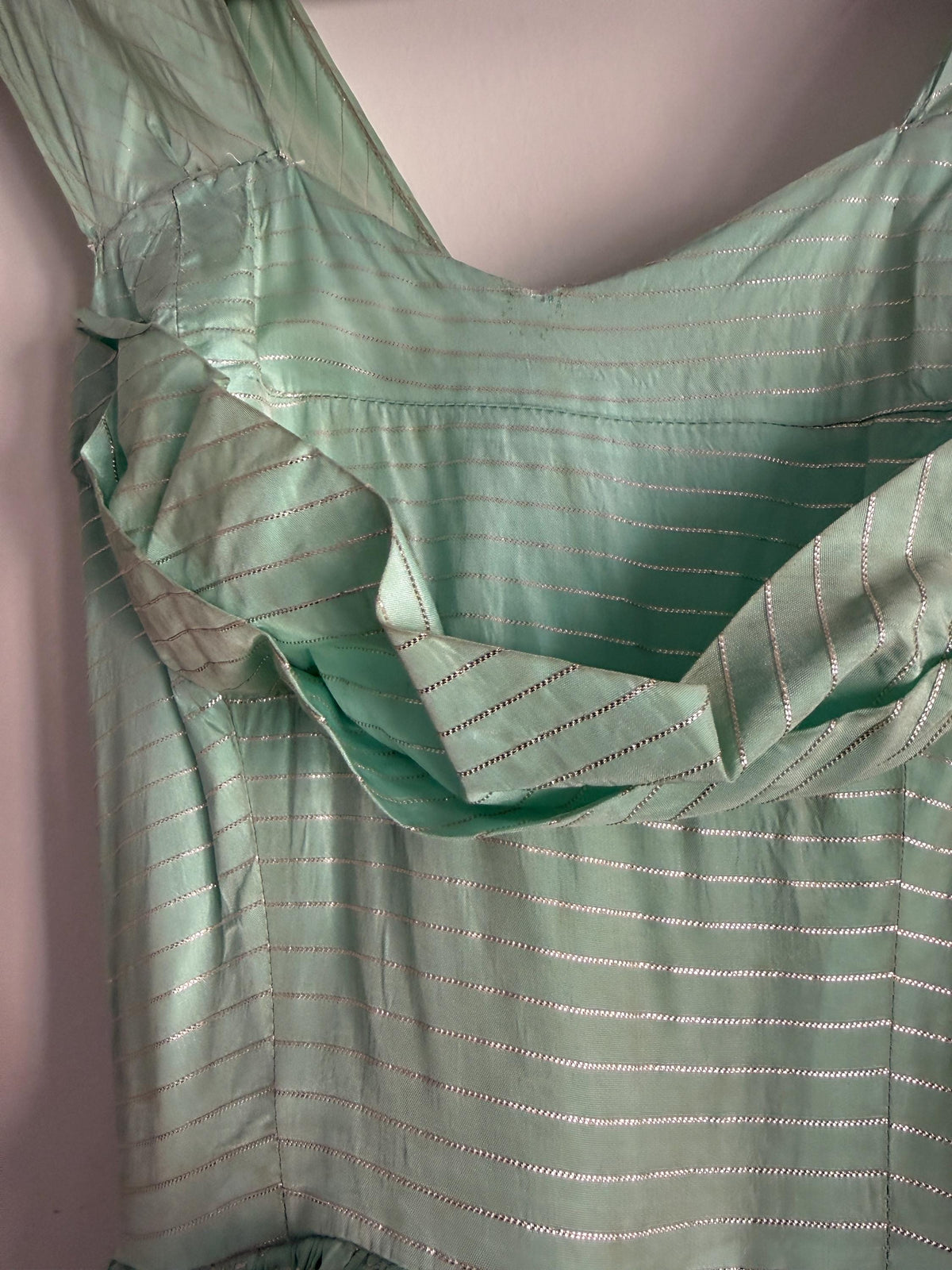 Vintage Robert Dorland for Bourne & Hollingsworth Evening Dress – Peppermint Green, Silver Stripes, Full Tiered Skirt