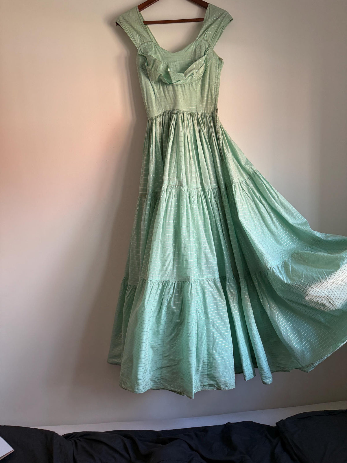 Vintage Robert Dorland for Bourne & Hollingsworth Evening Dress – Peppermint Green, Silver Stripes, Full Tiered Skirt