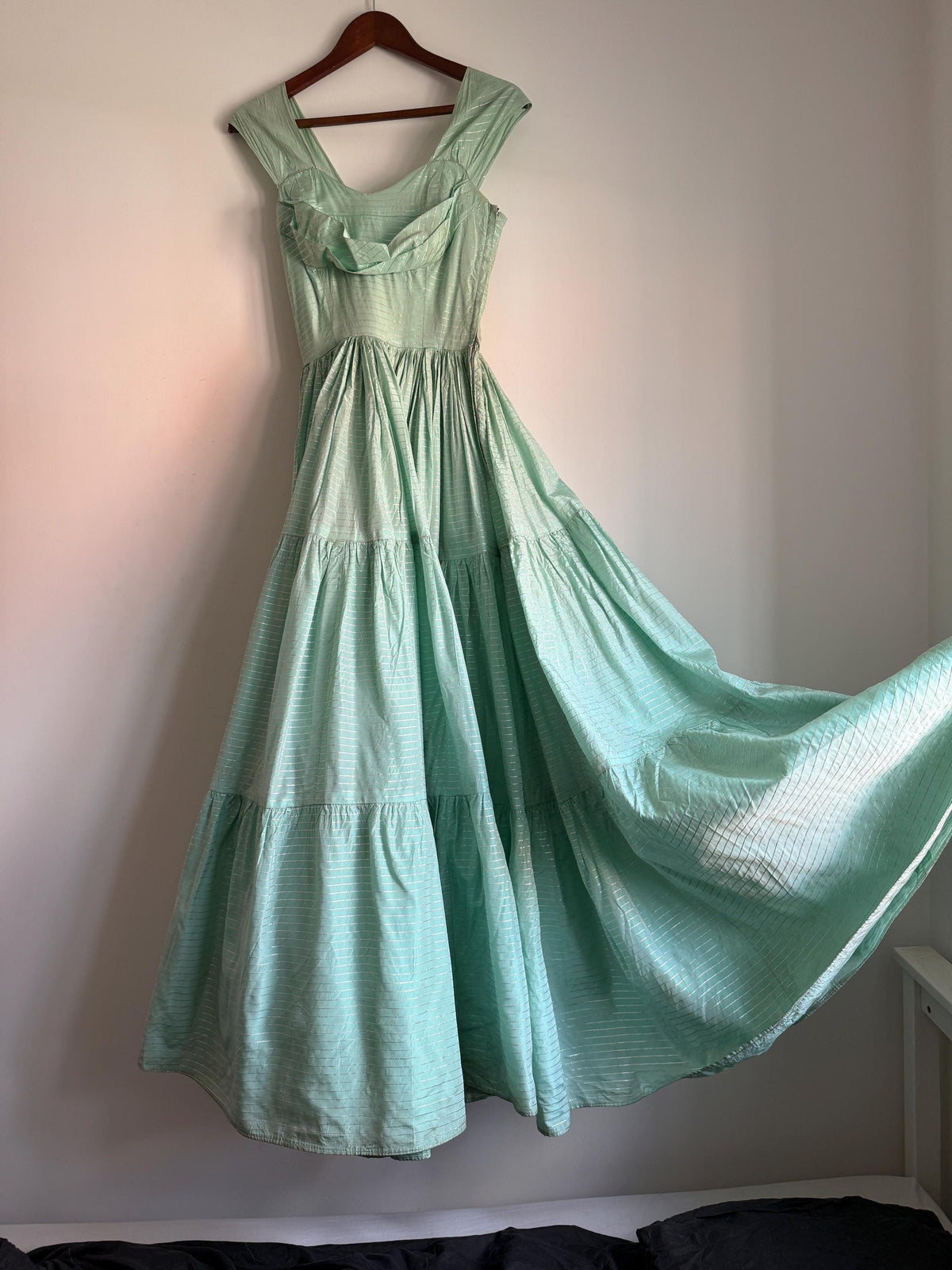 Vintage Robert Dorland for Bourne & Hollingsworth Evening Dress – Peppermint Green, Silver Stripes, Full Tiered Skirt