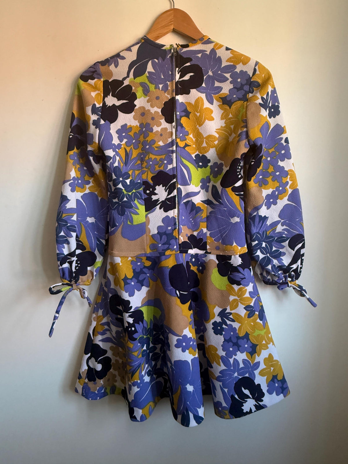 Vintage Floral Dress, Purple & Mustard Flower Power Print, Long Sleeves with Tie Cuffs, Overlay Bodice