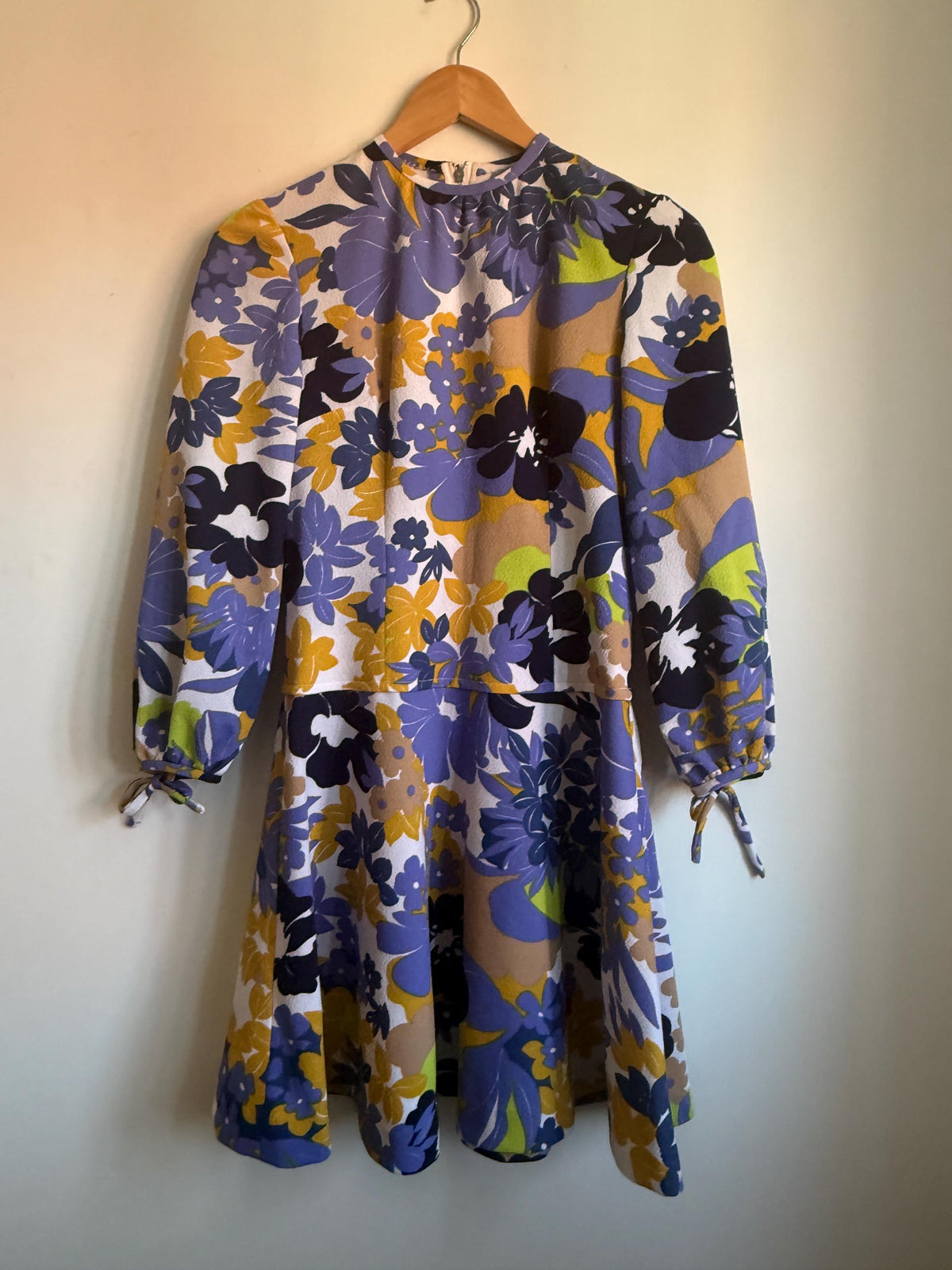 Vintage Floral Dress, Purple & Mustard Flower Power Print, Long Sleeves with Tie Cuffs, Overlay Bodice