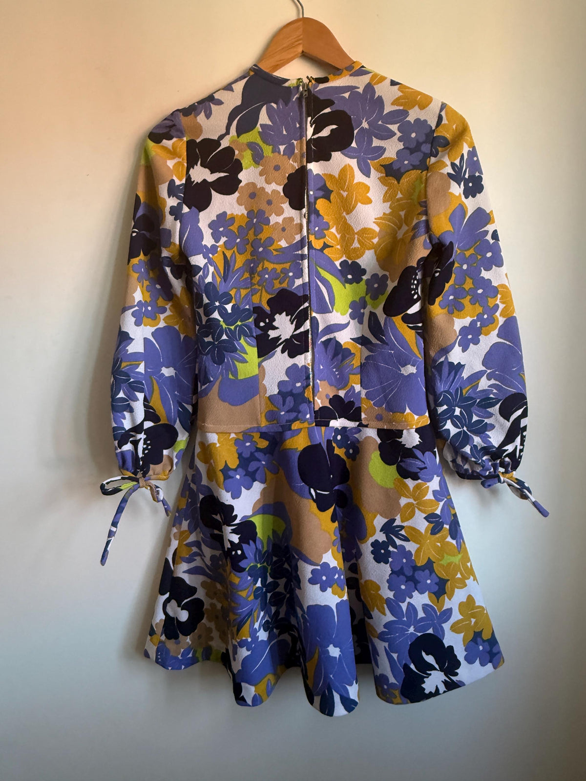 Vintage Floral Dress, Purple & Mustard Flower Power Print, Long Sleeves with Tie Cuffs, Overlay Bodice