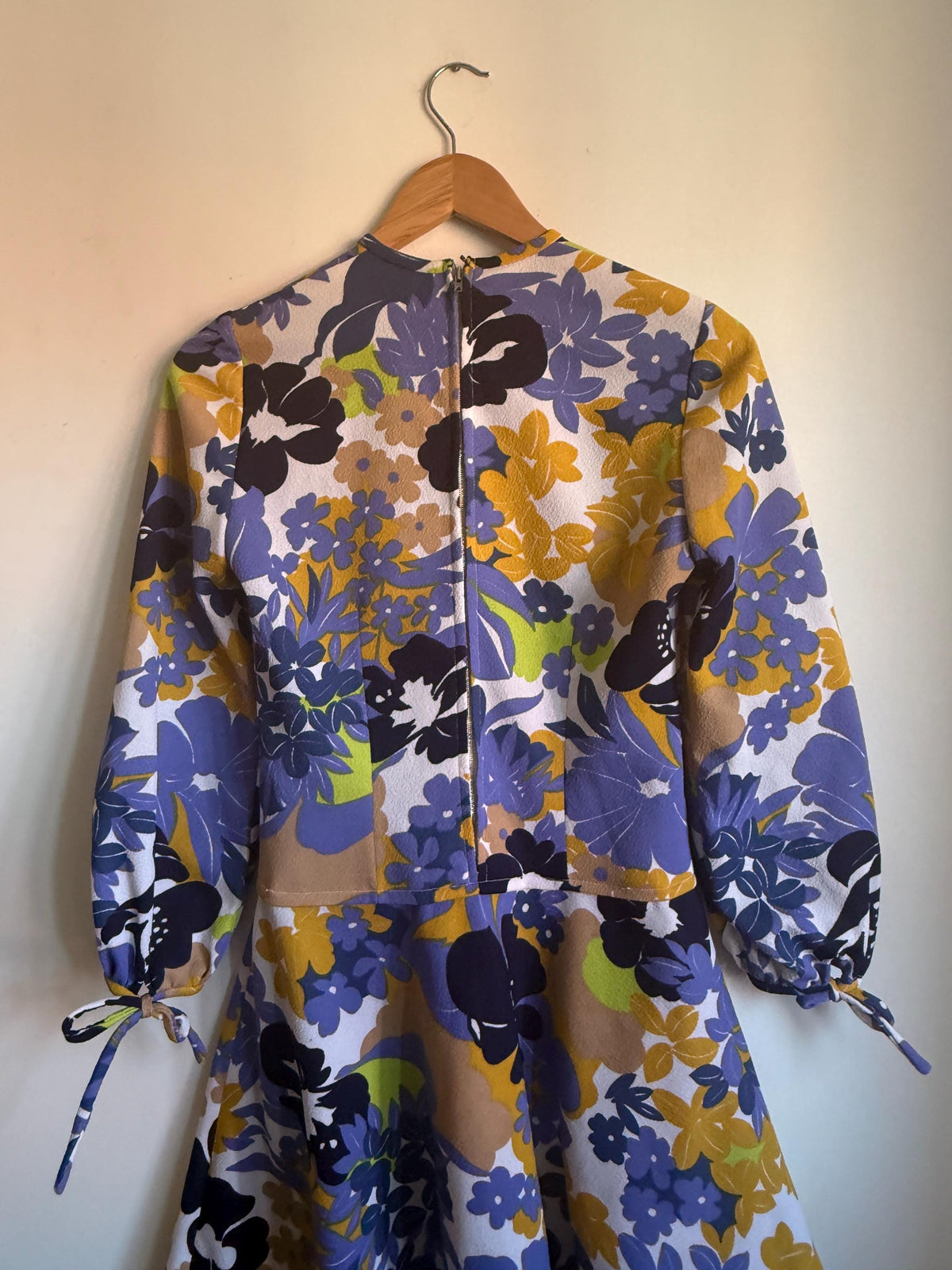 Vintage Floral Dress, Purple & Mustard Flower Power Print, Long Sleeves with Tie Cuffs, Overlay Bodice