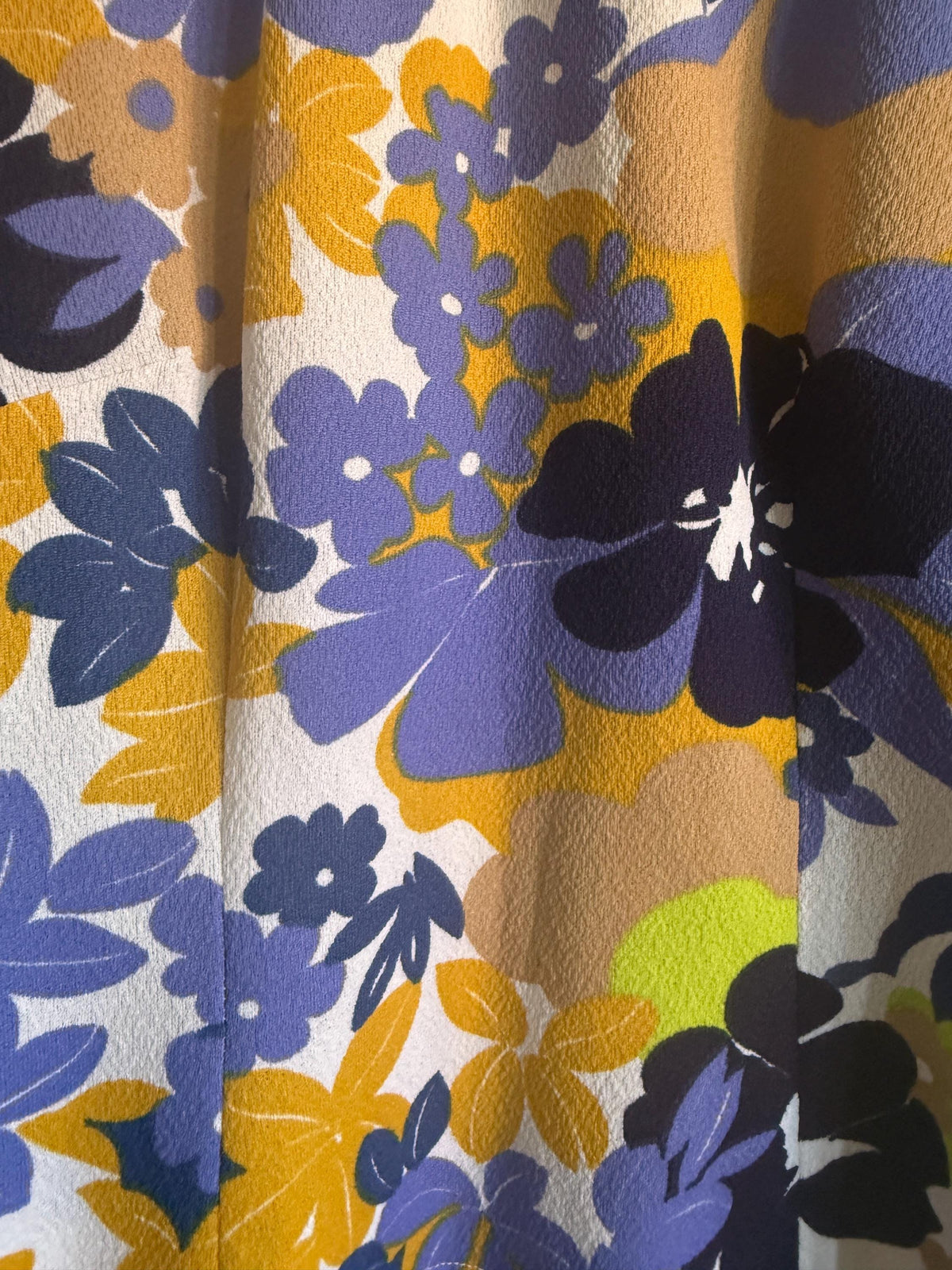 Vintage Floral Dress, Purple & Mustard Flower Power Print, Long Sleeves with Tie Cuffs, Overlay Bodice