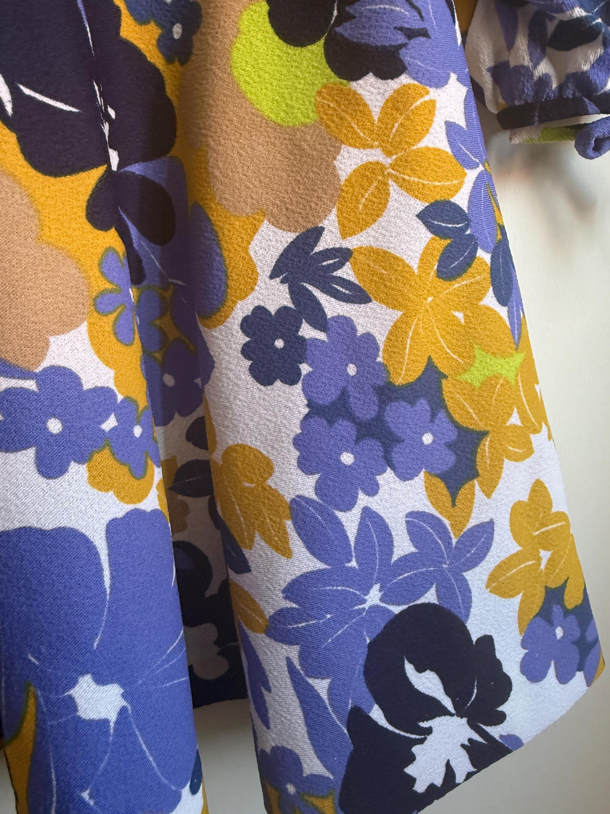 Vintage Floral Dress, Purple & Mustard Flower Power Print, Long Sleeves with Tie Cuffs, Overlay Bodice