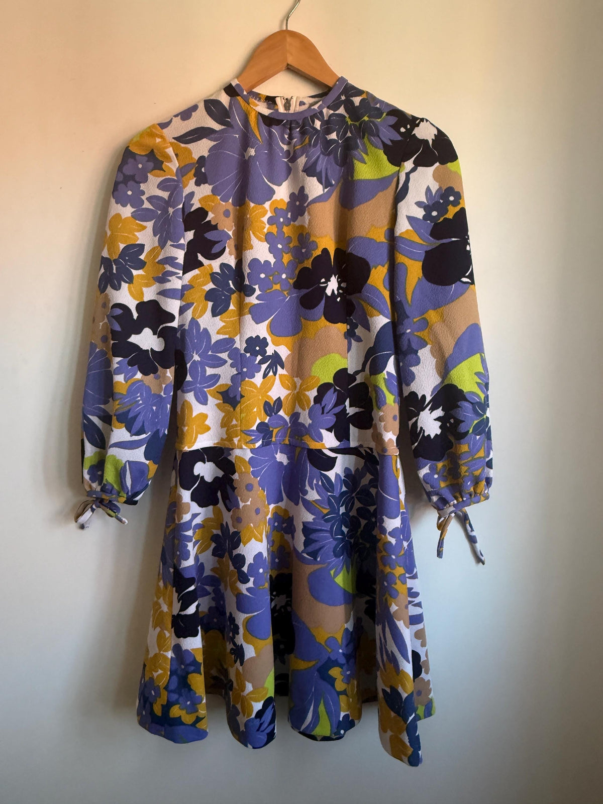 Vintage Floral Dress, Purple & Mustard Flower Power Print, Long Sleeves with Tie Cuffs, Overlay Bodice