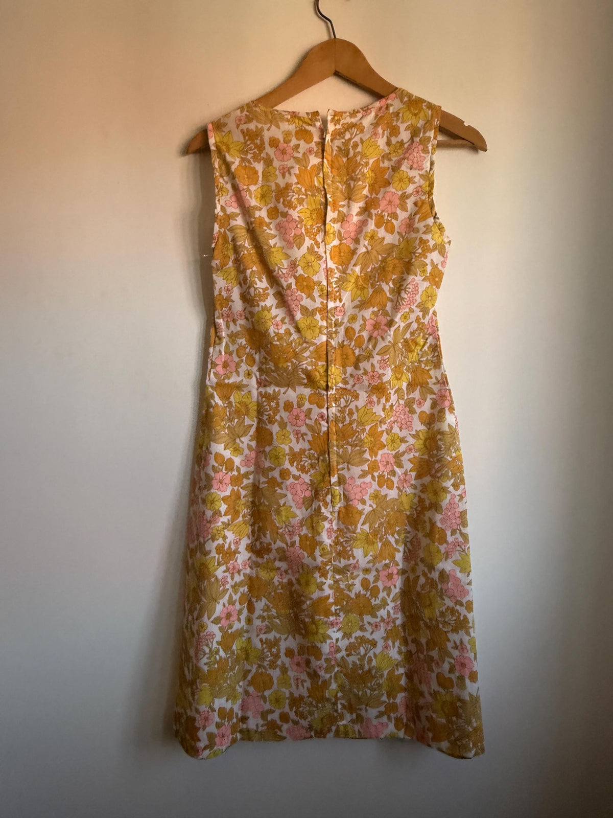 Vintage Floral Shift Dress, Yellow Pink & Orange Flower and Fruit Print, Sleeveless A-Line Summer Dress