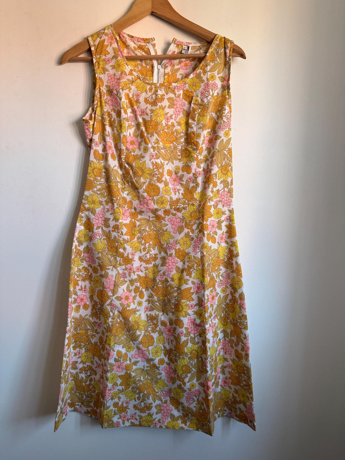 Vintage Floral Shift Dress, Yellow Pink & Orange Flower and Fruit Print, Sleeveless A-Line Summer Dress