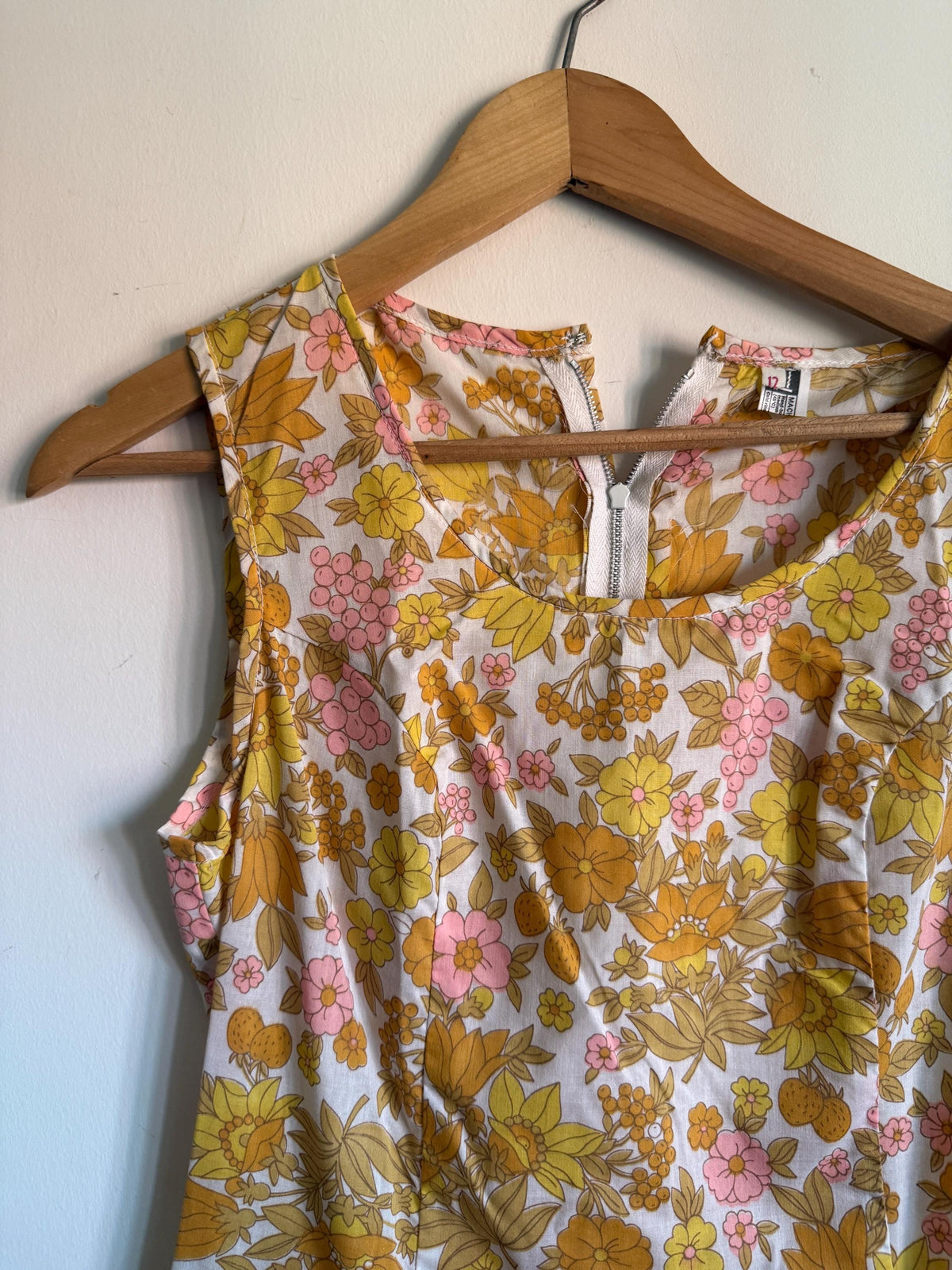 Vintage Floral Shift Dress, Yellow Pink & Orange Flower and Fruit Print, Sleeveless A-Line Summer Dress