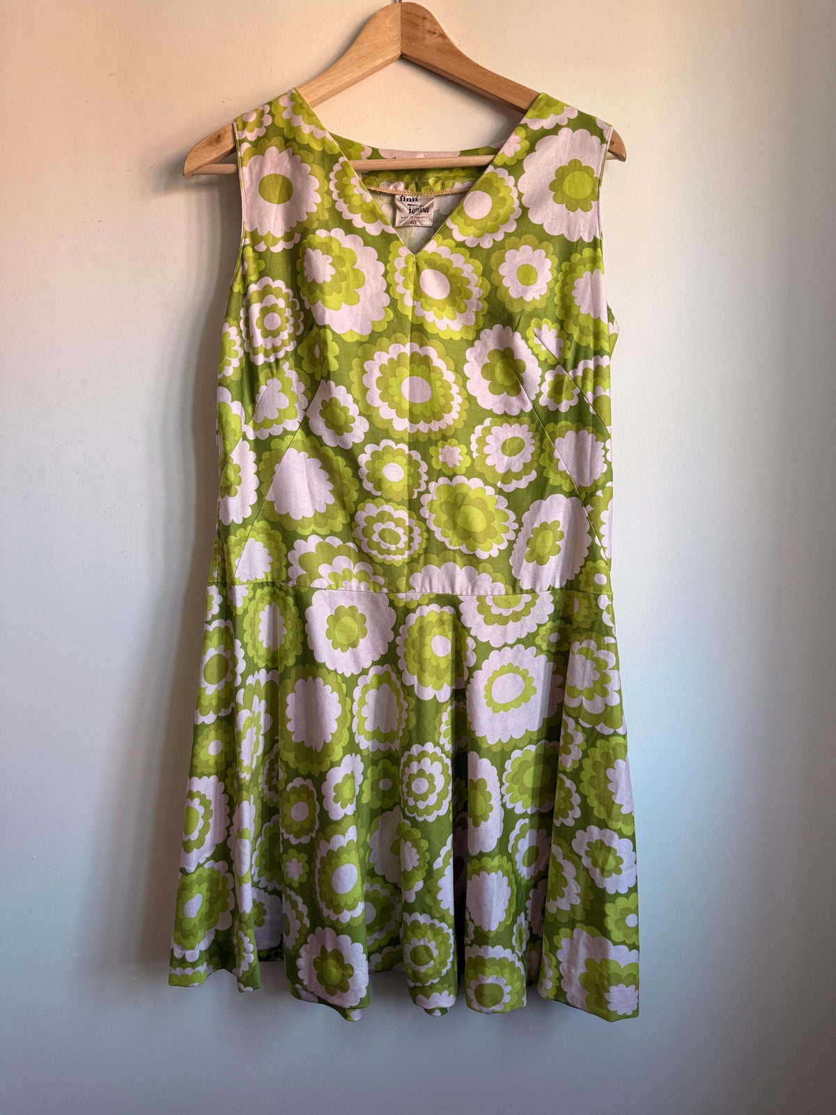 Vintage Finn Femina Green Floral Dress, Sleeveless V Neck Flower Power Dress, Made in Finland, Label Size 40