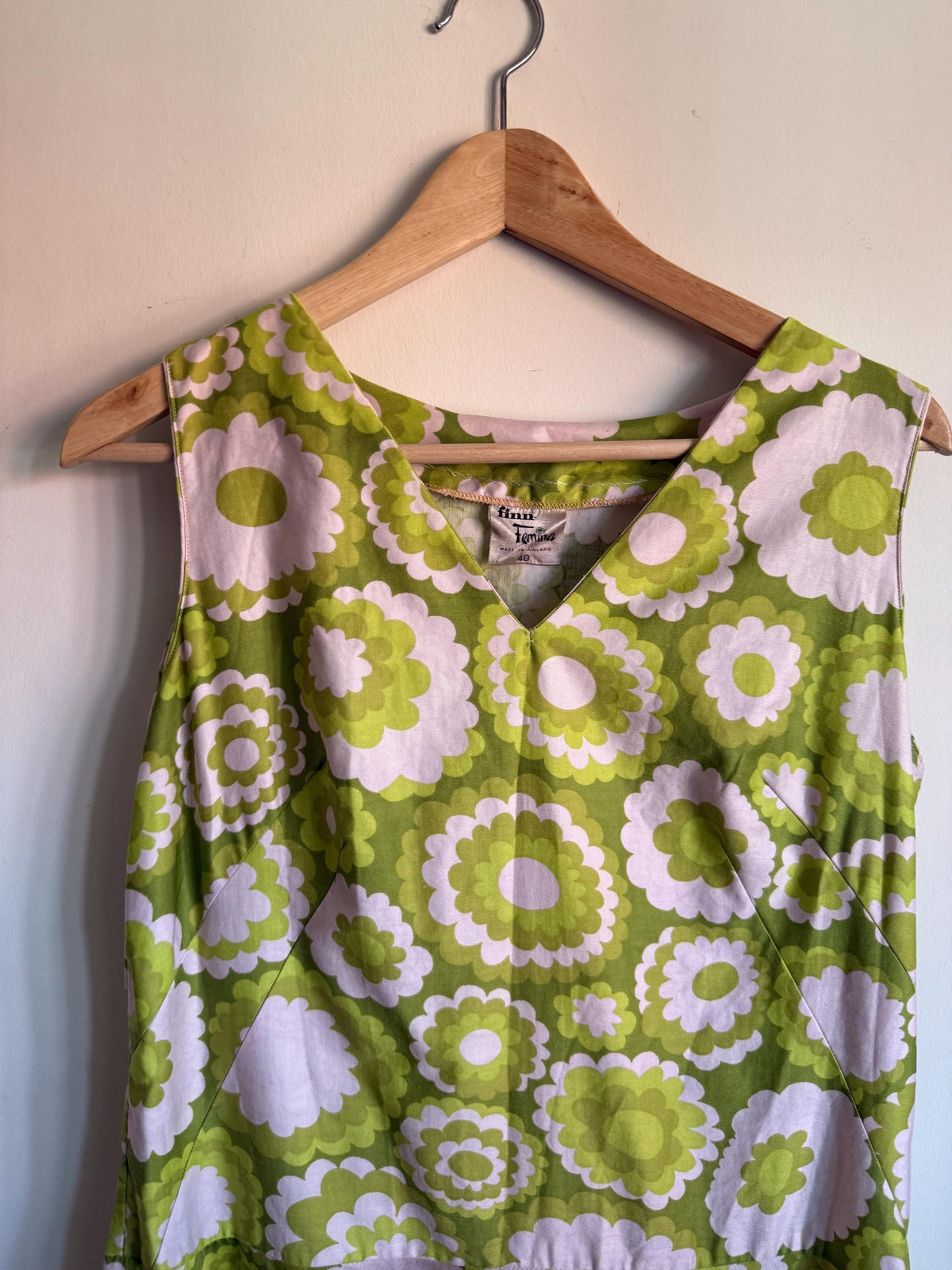 Vintage Finn Femina Green Floral Dress, Sleeveless V Neck Flower Power Dress, Made in Finland, Label Size 40