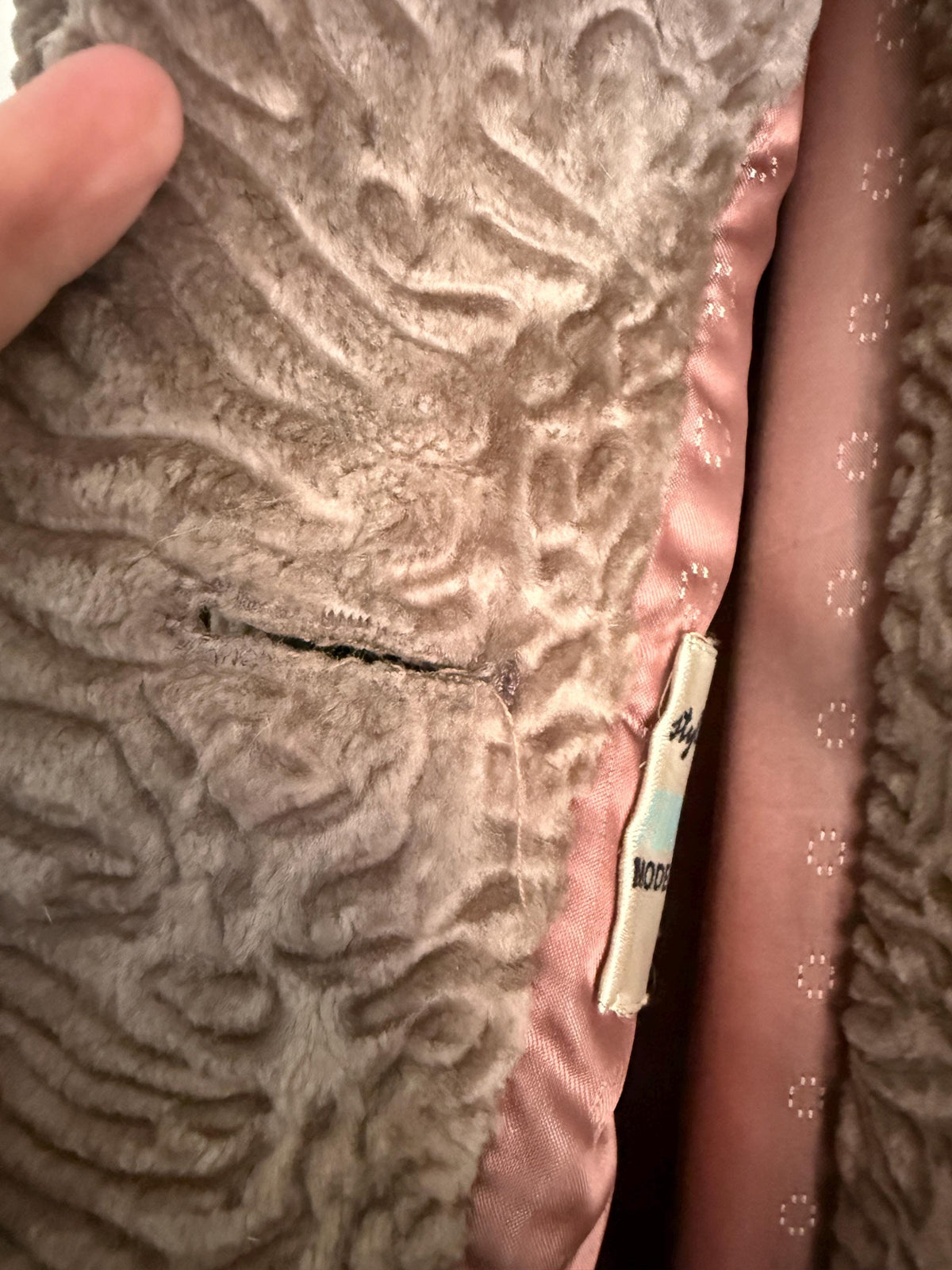 Vintage Astraka Faux Fur Coat, Taupe Faux Astrakhan, Courtelle Furleen, Plush Collar & Pink Lining - appears unworn