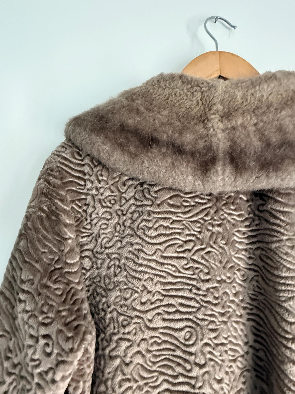 Vintage Astraka Faux Fur Coat, Taupe Faux Astrakhan, Courtelle Furleen, Plush Collar & Pink Lining - appears unworn