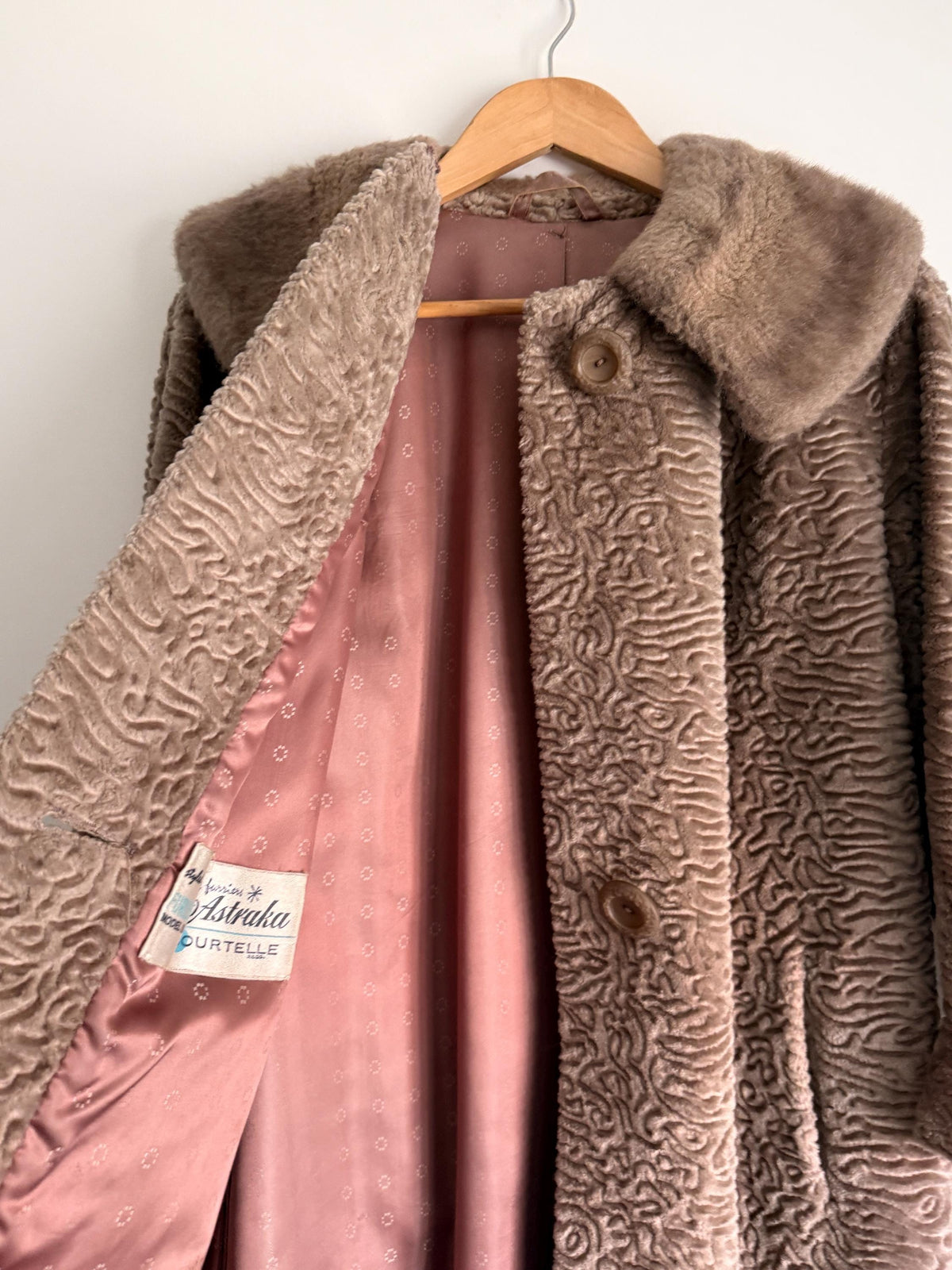 Vintage Astraka Faux Fur Coat, Taupe Faux Astrakhan, Courtelle Furleen, Plush Collar & Pink Lining - appears unworn