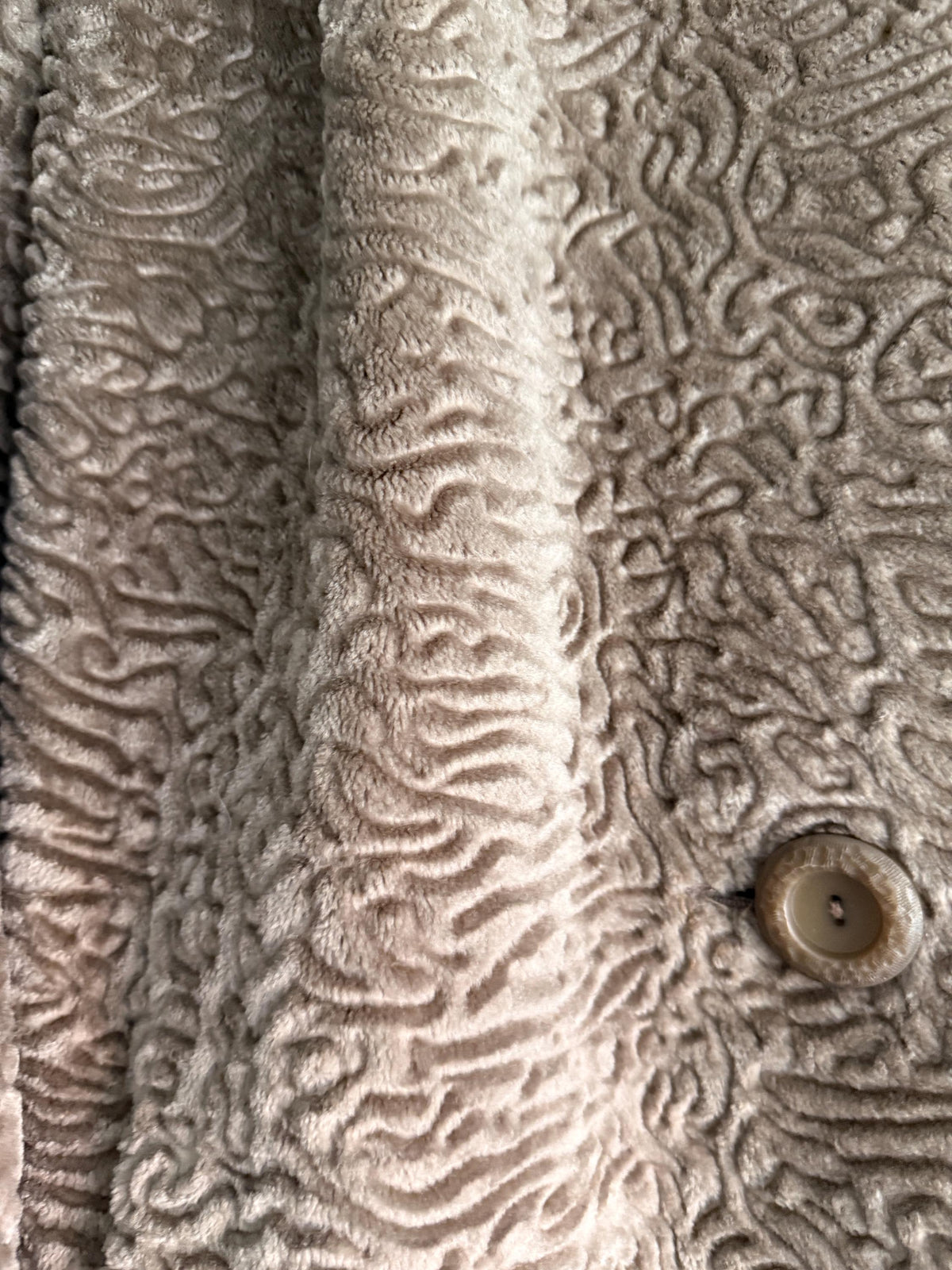 Vintage Astraka Faux Fur Coat, Taupe Faux Astrakhan, Courtelle Furleen, Plush Collar & Pink Lining - appears unworn