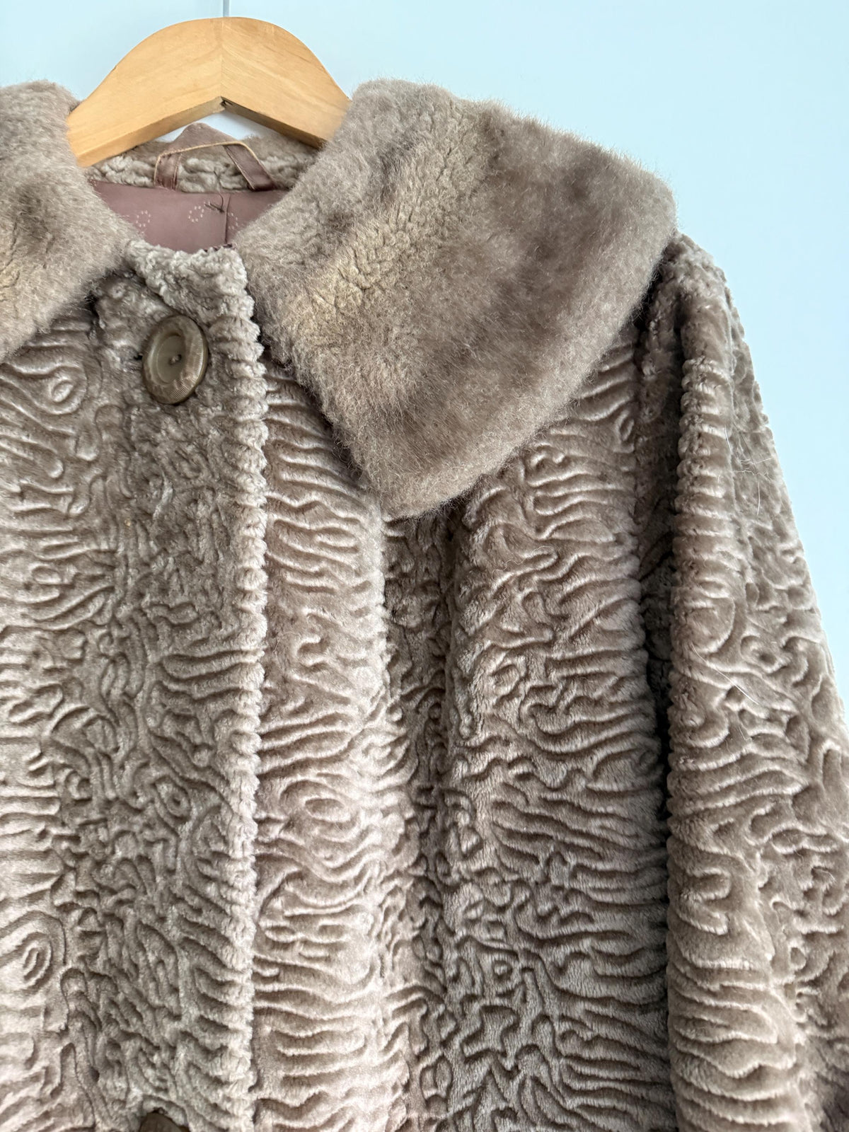 Vintage Astraka Faux Fur Coat, Taupe Faux Astrakhan, Courtelle Furleen, Plush Collar & Pink Lining - appears unworn
