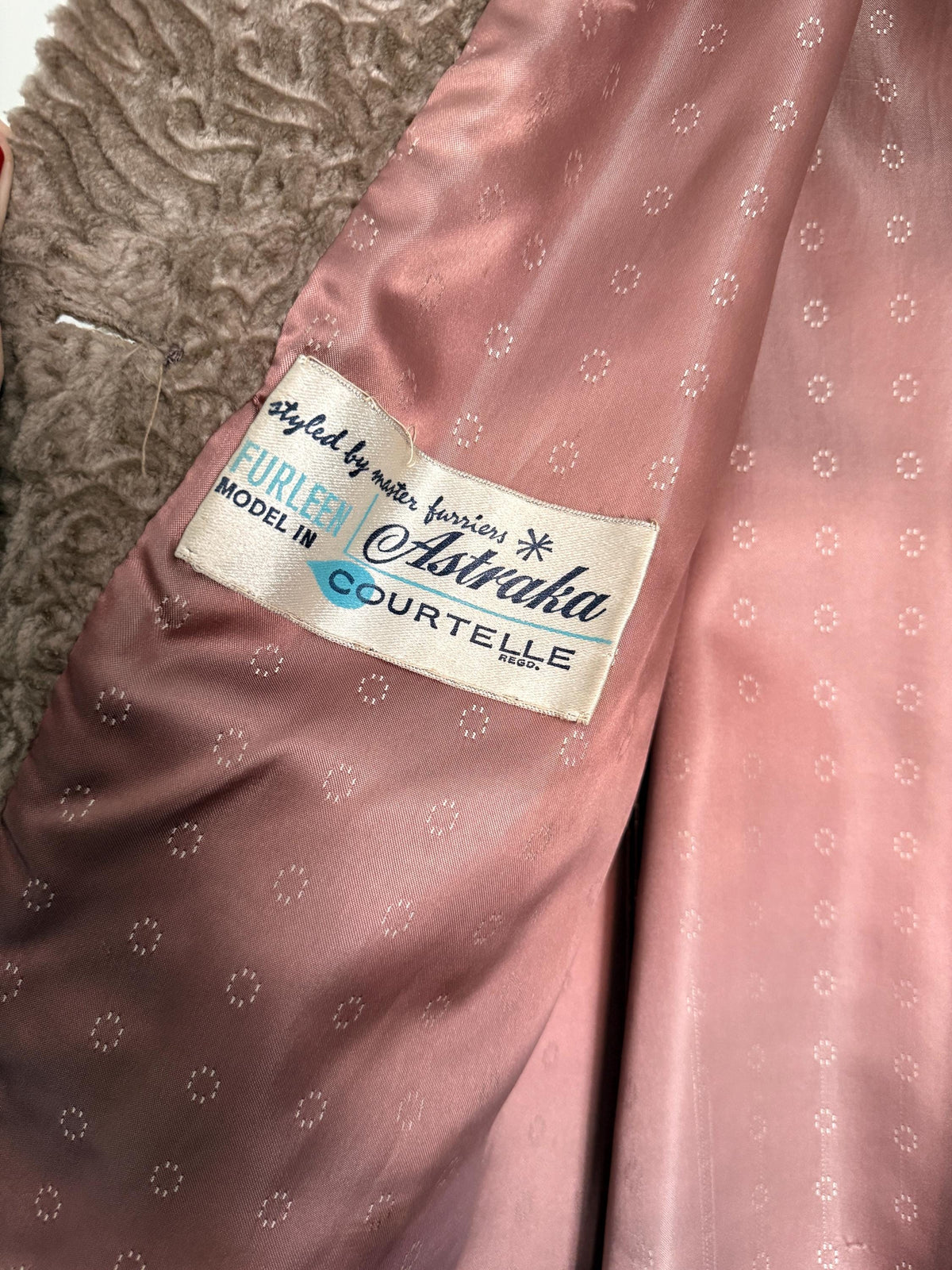 Vintage Astraka Faux Fur Coat, Taupe Faux Astrakhan, Courtelle Furleen, Plush Collar & Pink Lining - appears unworn