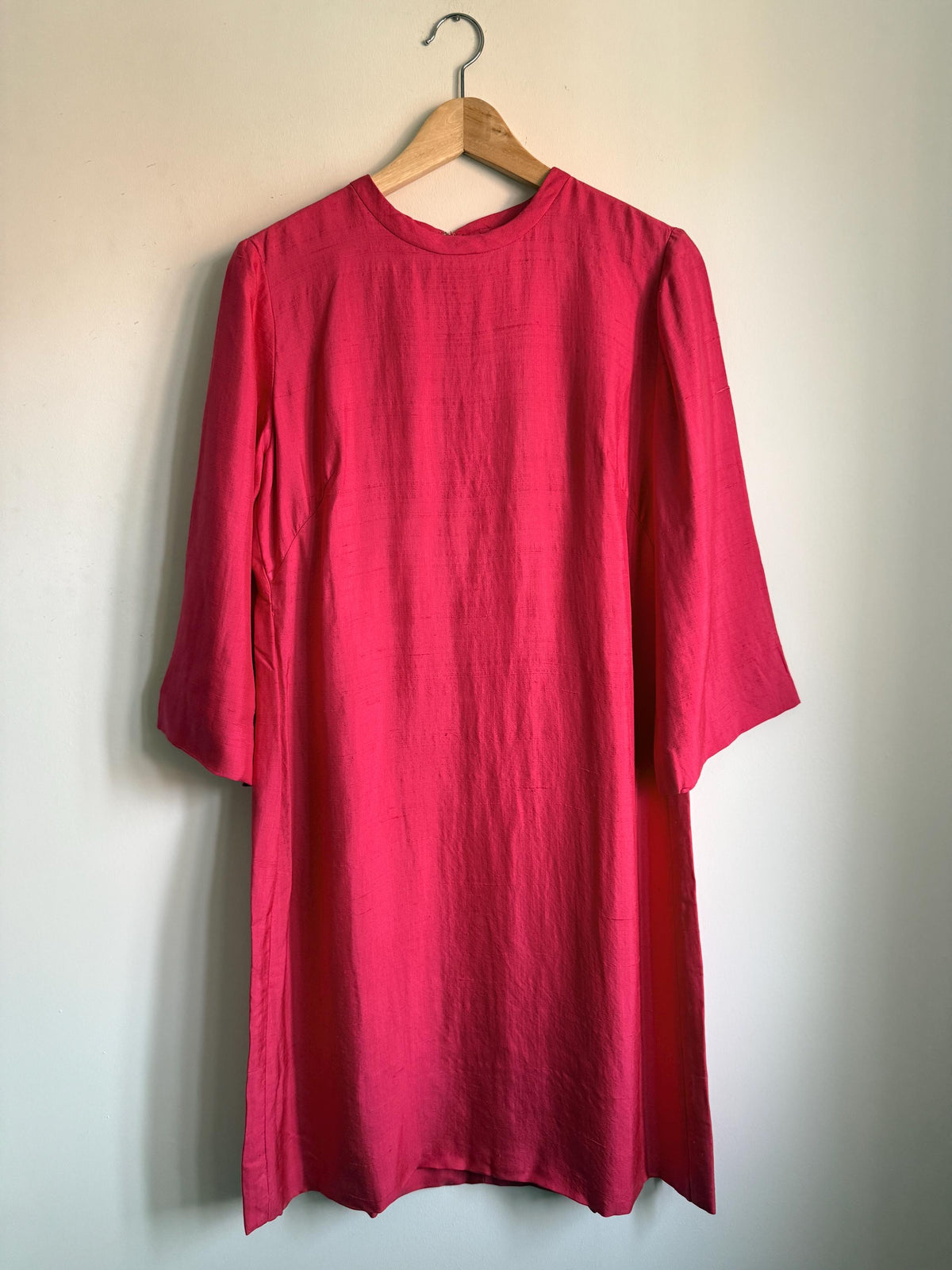 1960s Bright Pink Shift Dress, Vintage Jackie O Style, Three Quarter Flared Sleeves, Cerise Occasion Dress