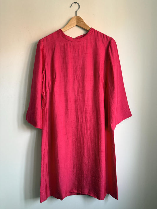 1960s Bright Pink Shift Dress, Vintage Jackie O Style, Three Quarter Flared Sleeves, Cerise Occasion Dress