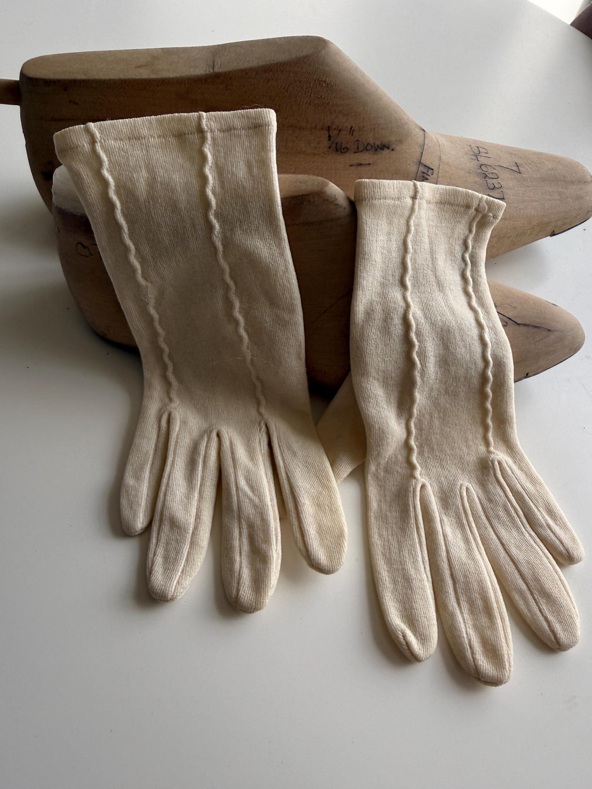 Vintage Cream Fabric Gloves with Decorative Stitching XS Extra Small