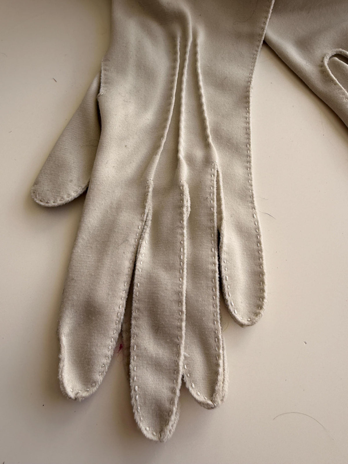 Vintage Light Grey Fabric Gauntlet Gloves with Three Stitched Lines