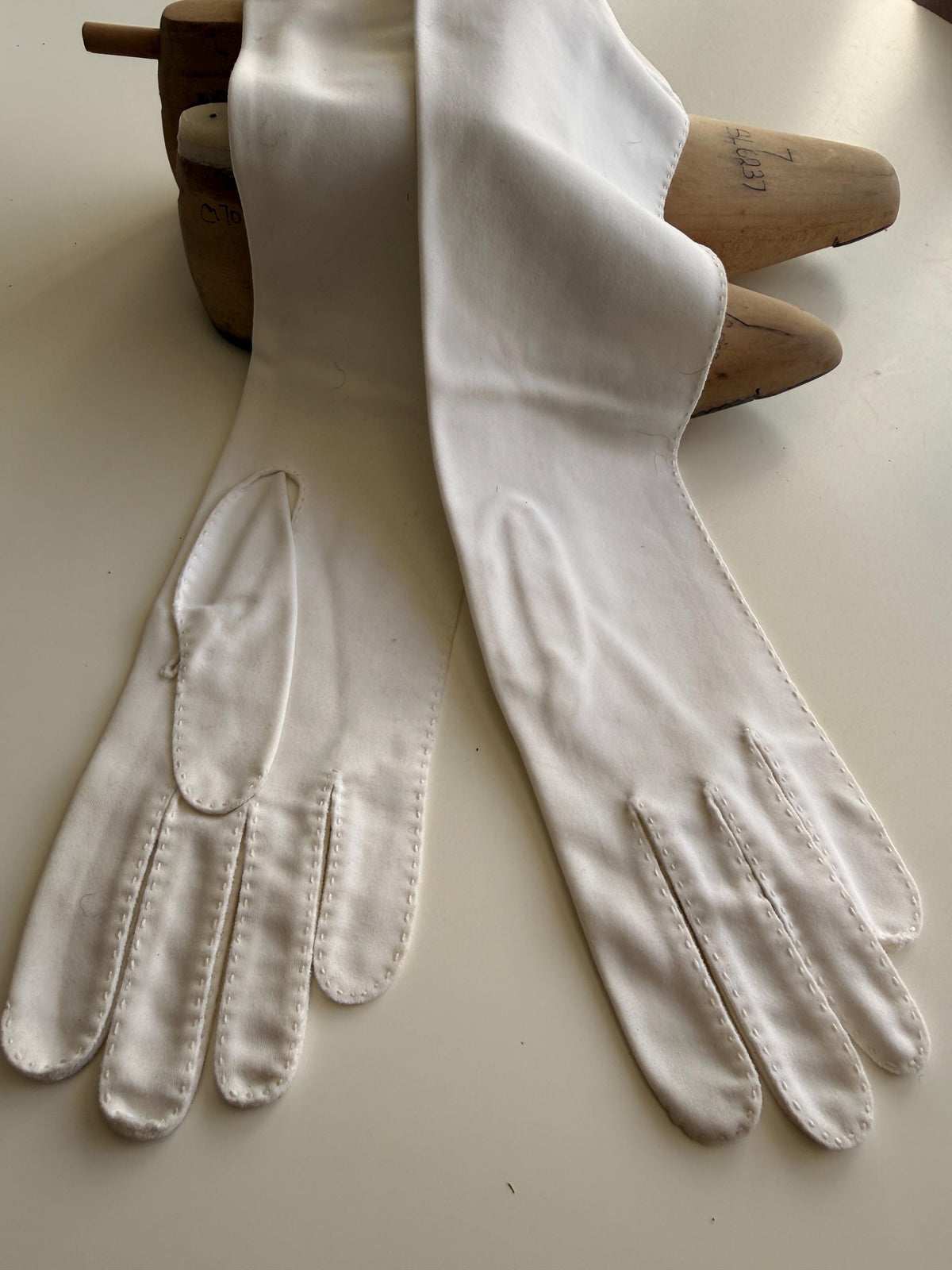 Vintage White Long Gloves with Stitched Edging and Neyret Packaging