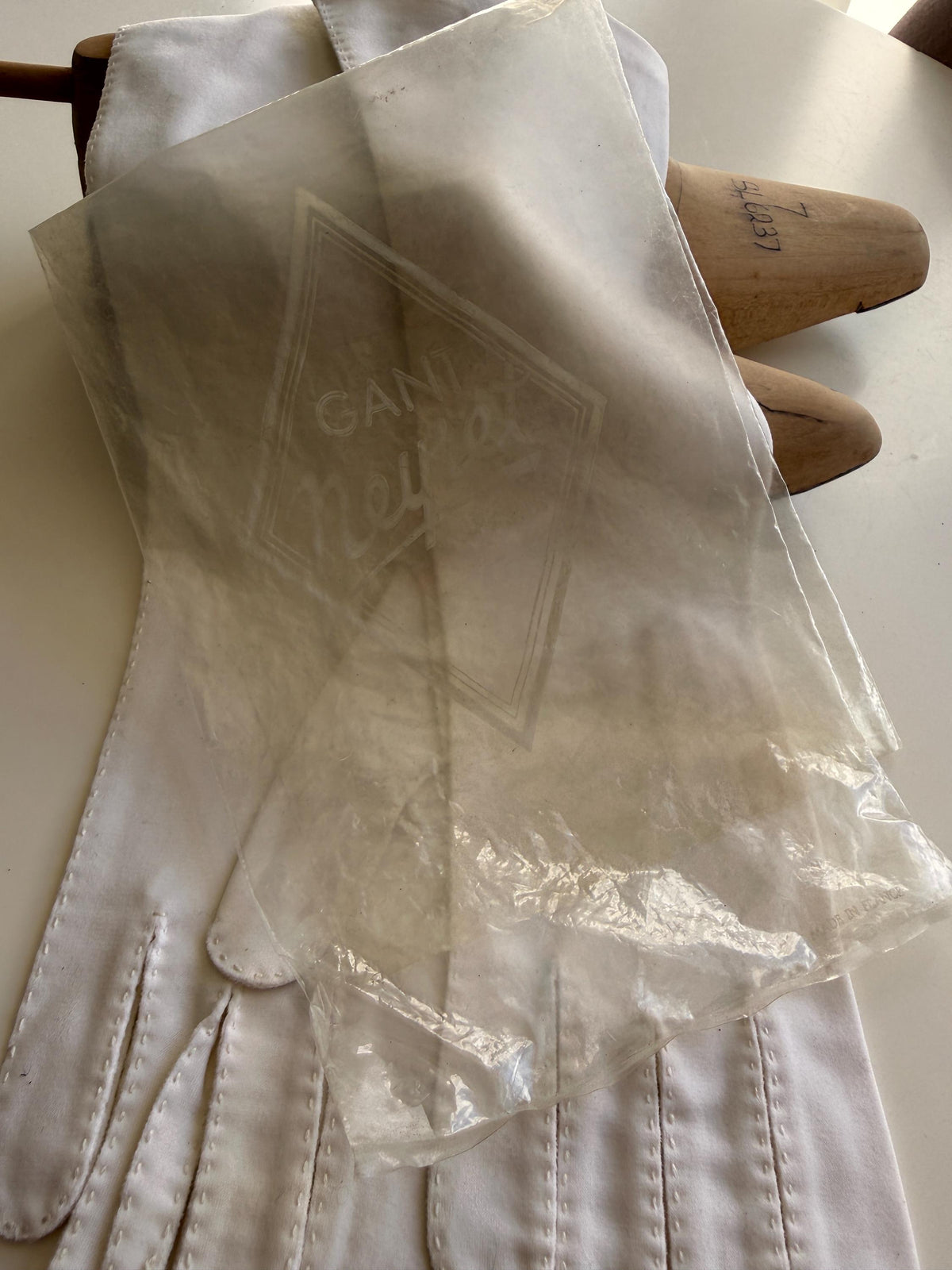 Vintage White Long Gloves with Stitched Edging and Neyret Packaging