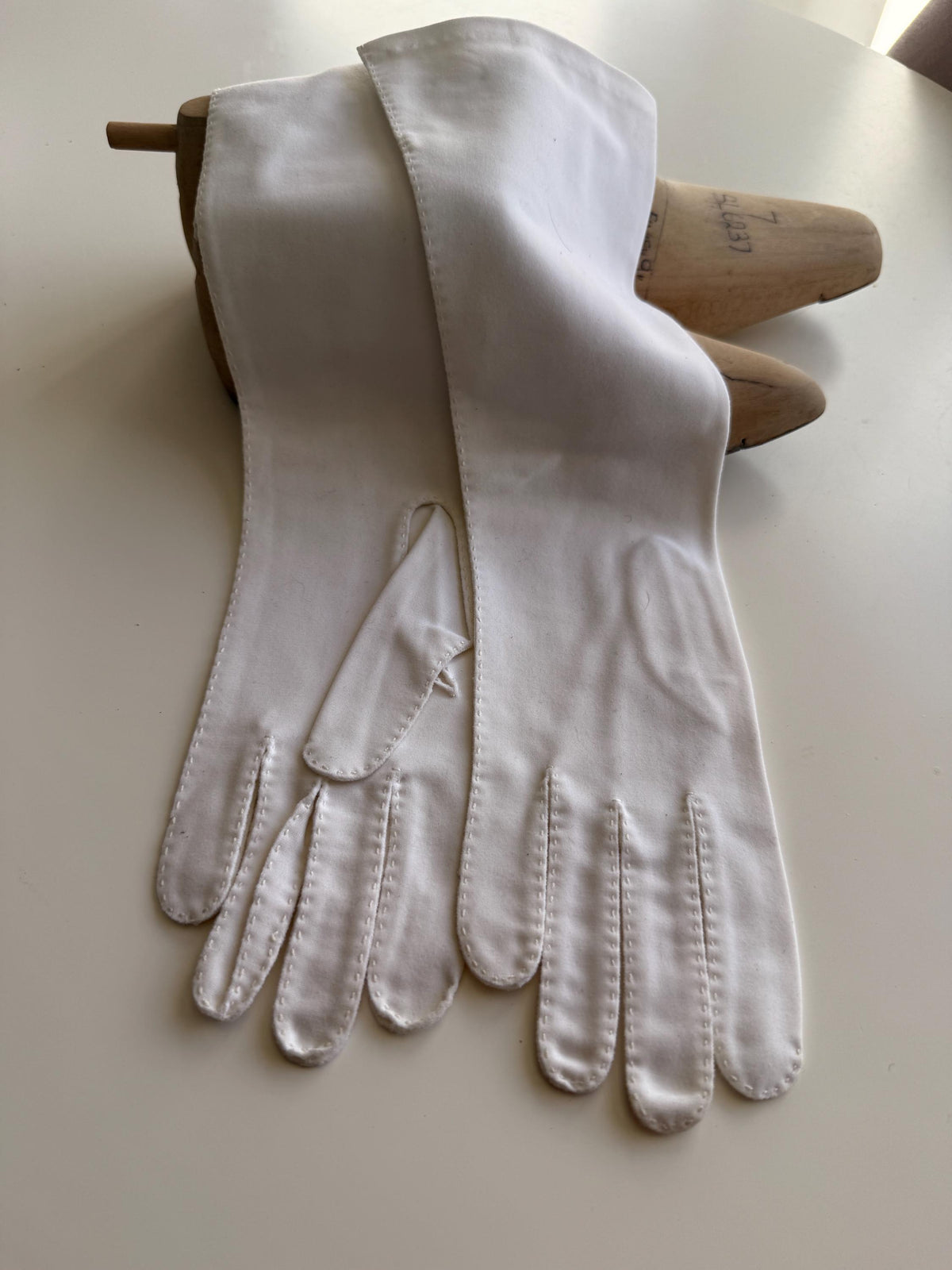 Vintage White Long Gloves with Stitched Edging and Neyret Packaging