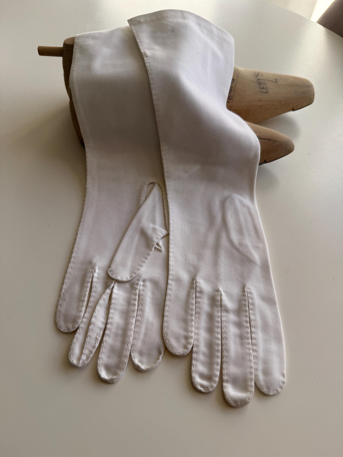 Vintage White Long Gloves with Stitched Edging and Neyret Packaging