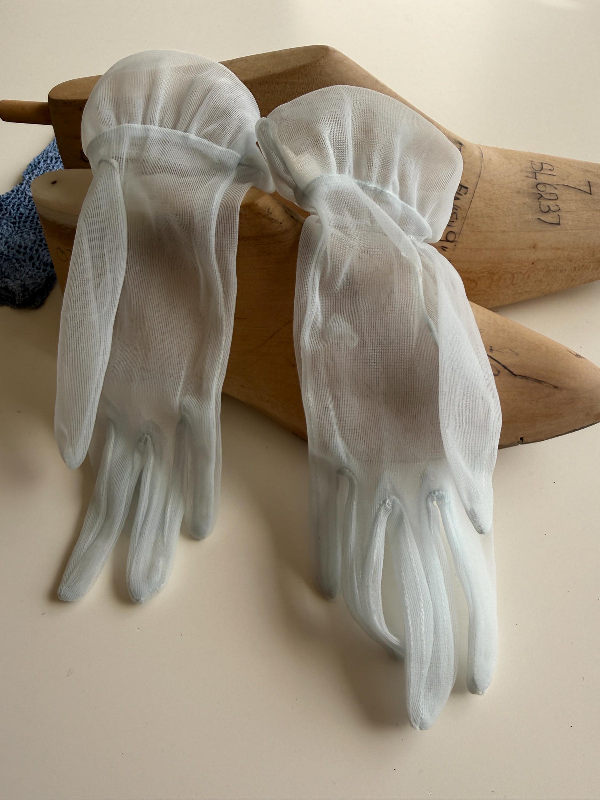 Vintage Ice Blue Sheer Gloves – Gathered Frill Cuffs, Plain Mesh, Bridal Occasion Accessories