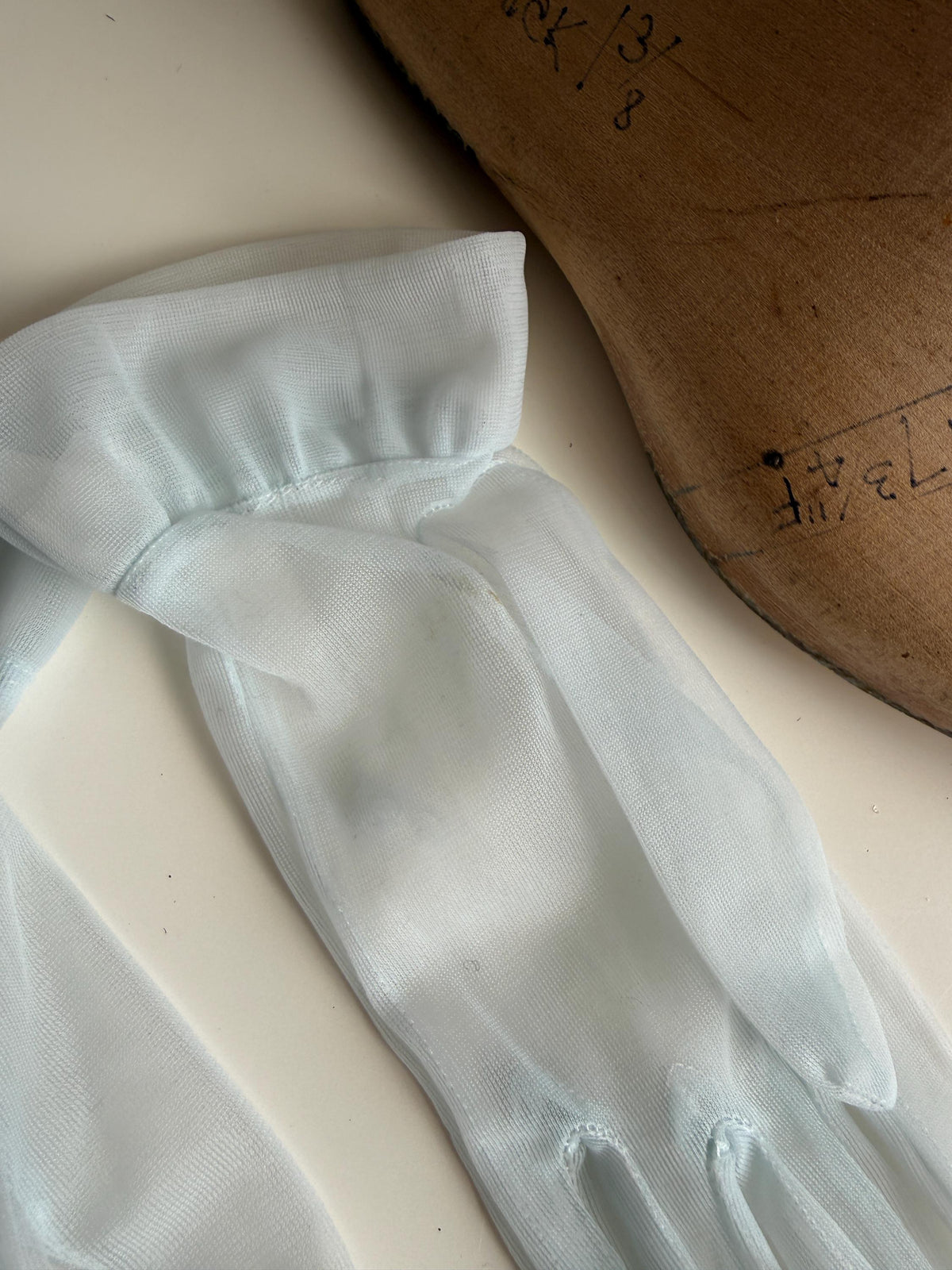 Vintage Ice Blue Sheer Gloves – Gathered Frill Cuffs, Plain Mesh, Bridal Occasion Accessories